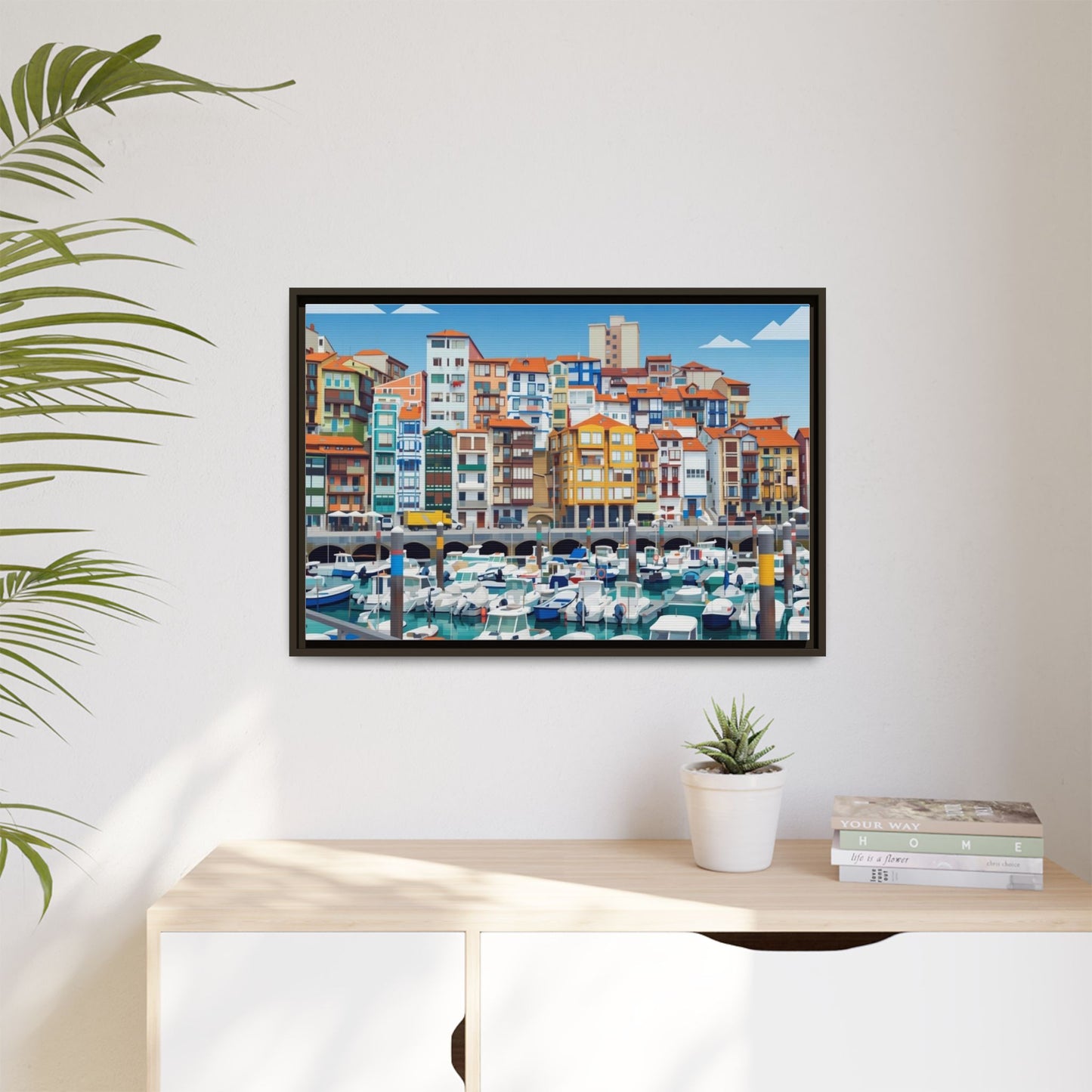 Framed Matte Canvas Print — Colorful Mediterranean Harbor Illustration