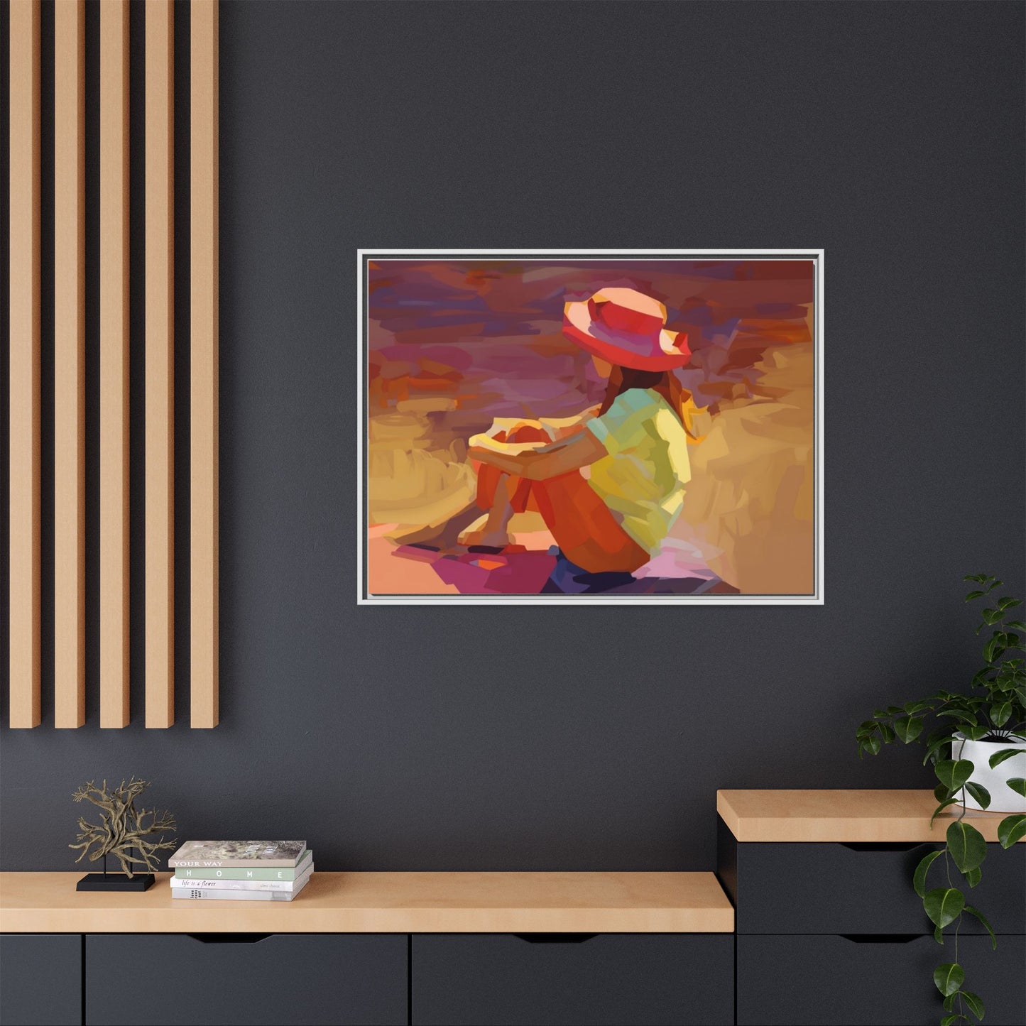Framed Matte Canvas — Colorful Seated Girl Beach Art