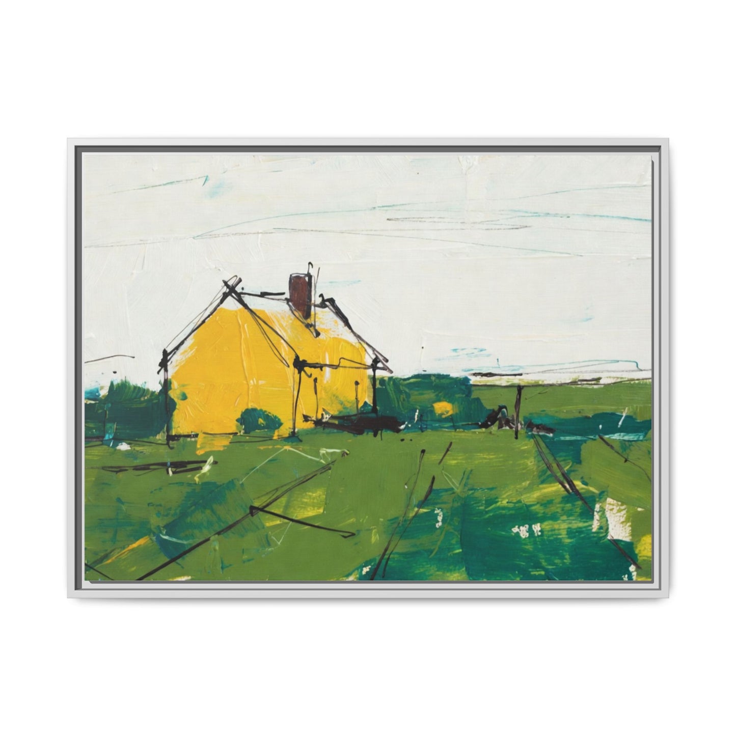 Yellow Cottage Landscape Framed Canvas Print