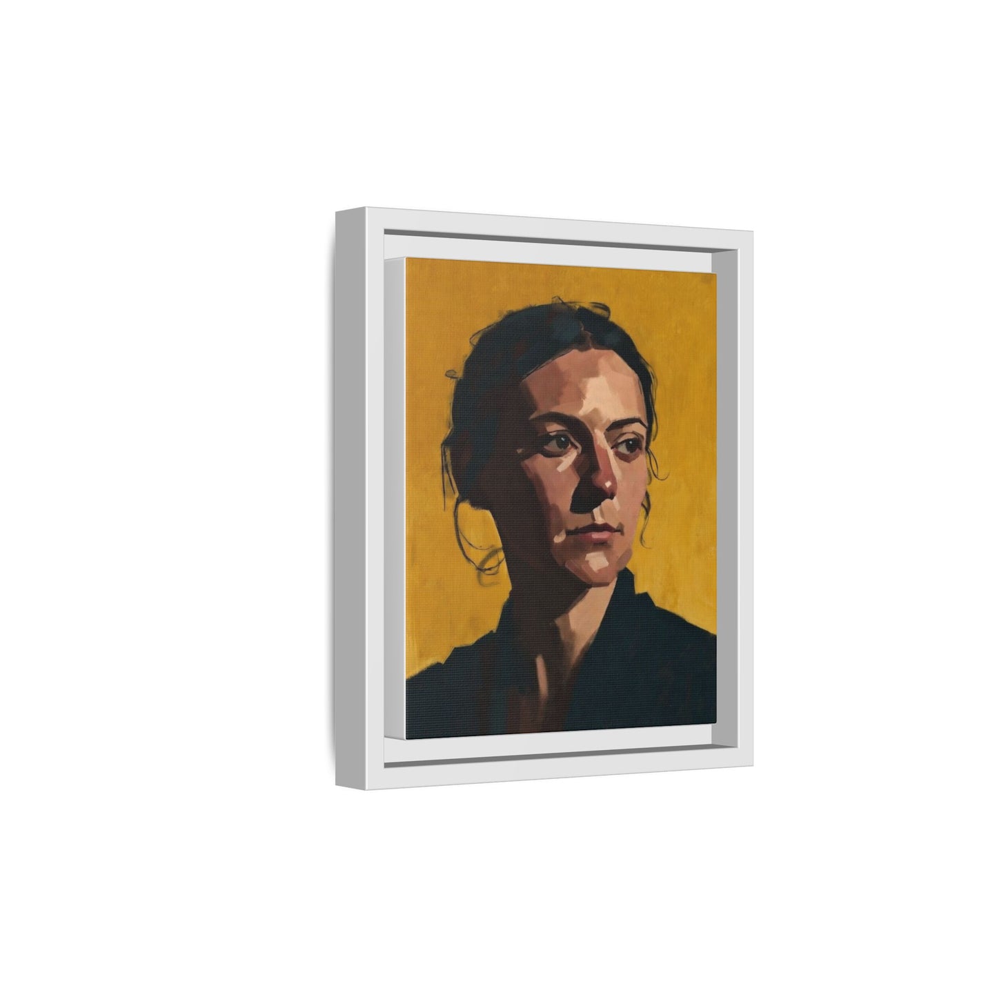 Framed Matte Canvas Portrait Art — Moody Woman on Mustard Background