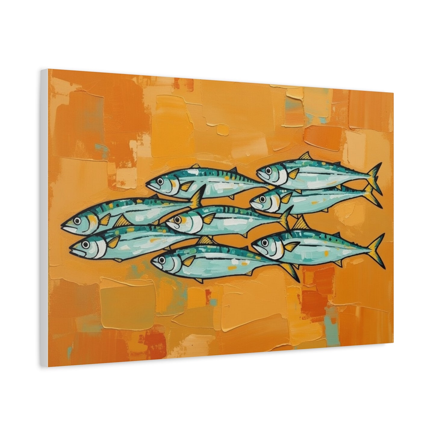 School of Mackerel Canvas Wall Art — Nautical Fish Painting on Orange Background