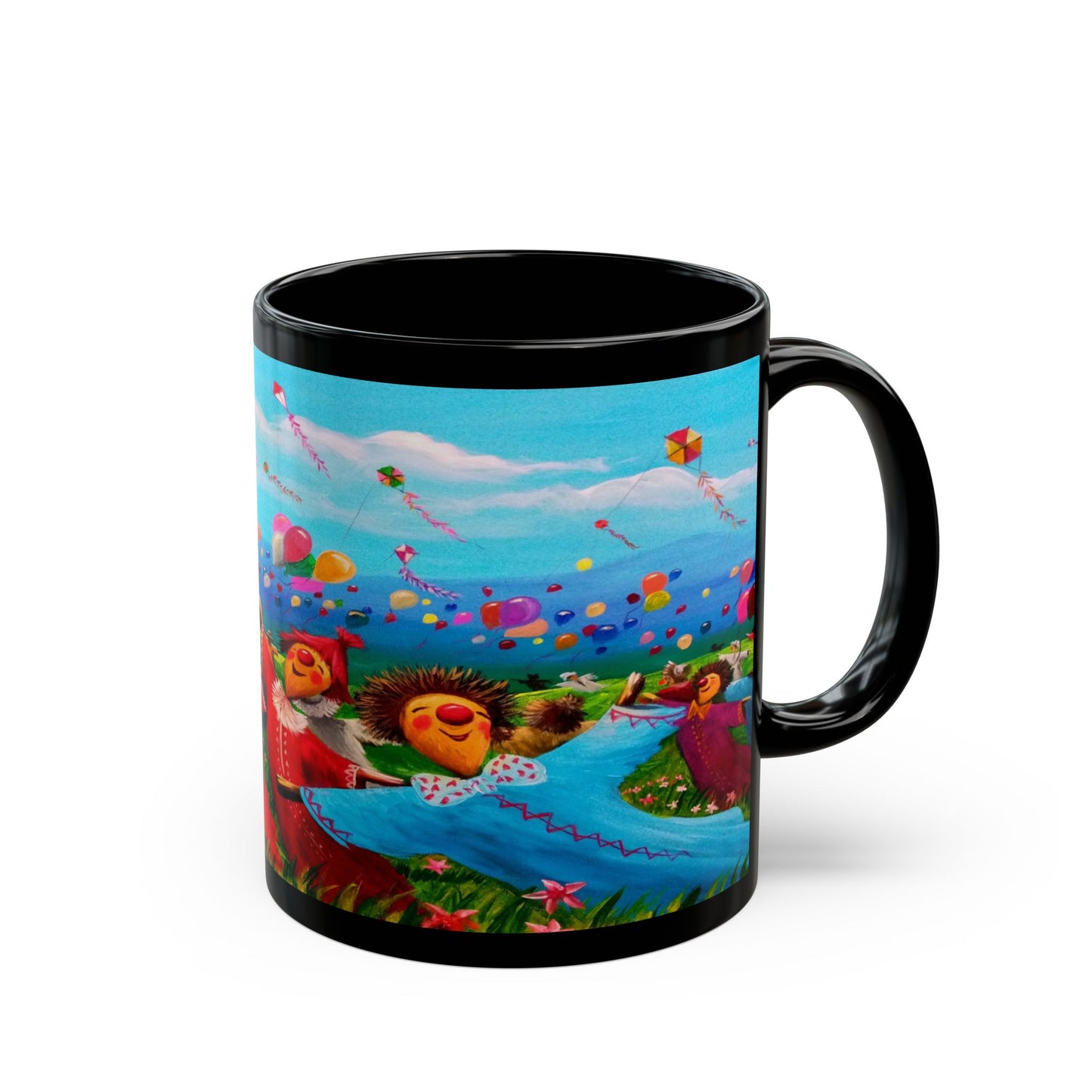 Black Ceramic Mug — Whimsical Kite Festival Art (11oz & 15oz)