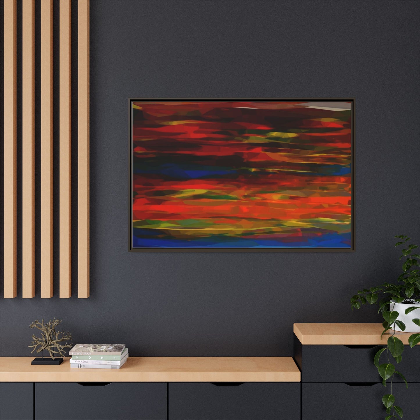 Abstract Multi-Color Matte Canvas Framed Wall Art — Bold Red & Blue Modern Painting