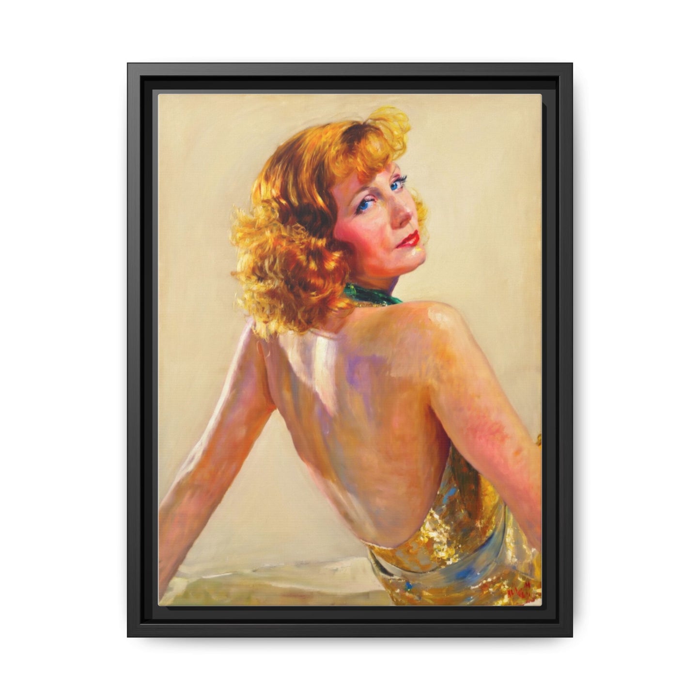 Framed Matte Canvas Print — Vintage Portrait of Redhead Greta Garbo in Gold Dress