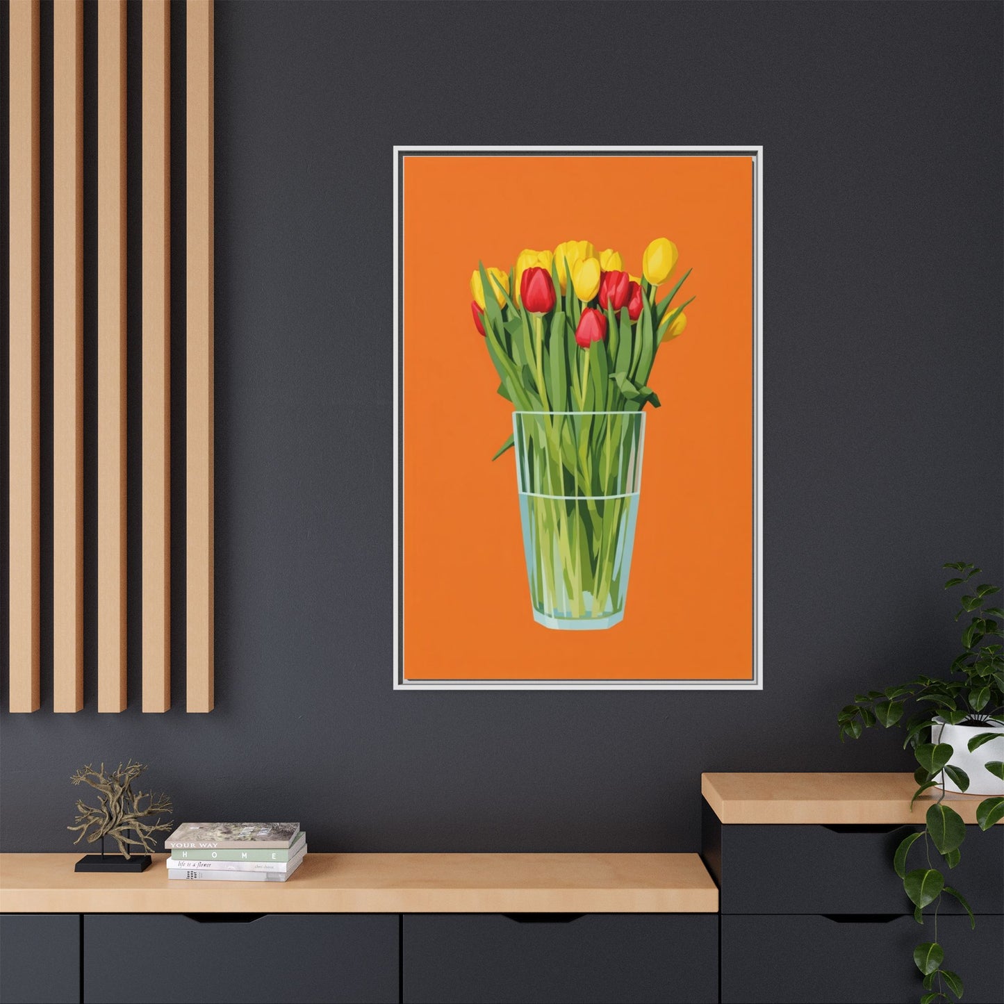 Framed Tulip Canvas Print — Colorful Tulips in Glass Vase