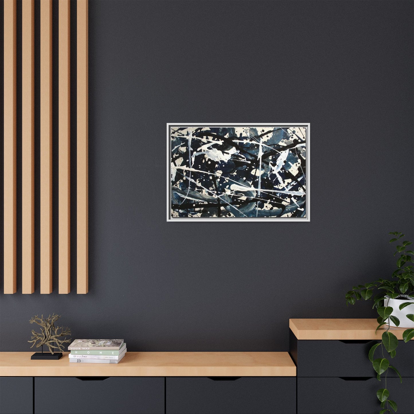 Abstract Splatter Matte Canvas Framed Wall Art — Black & Blue Modern Art Print