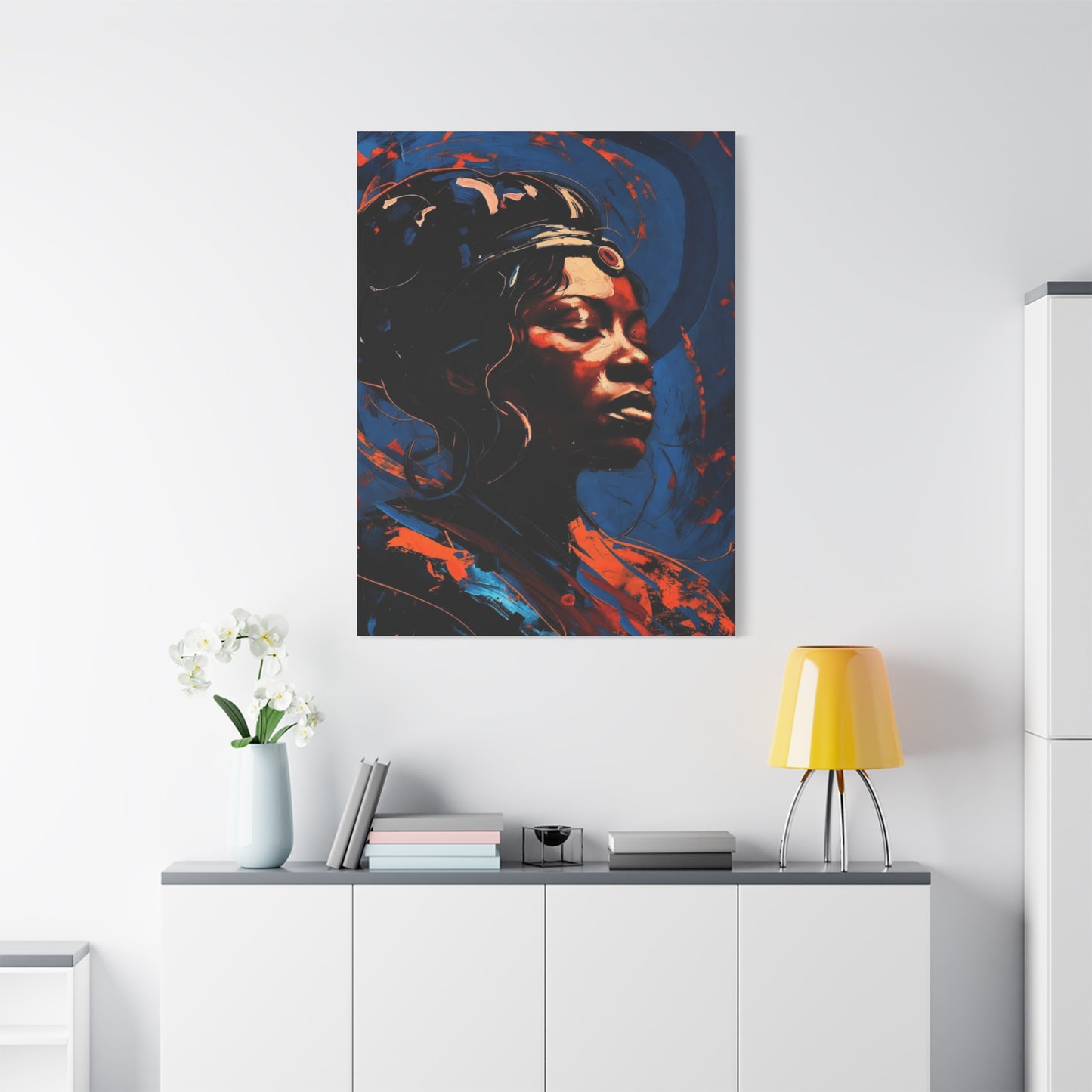 Regal Afrocentric Portrait Matte Canvas Art – Vibrant Blue & Orange Stretched Wall Decor