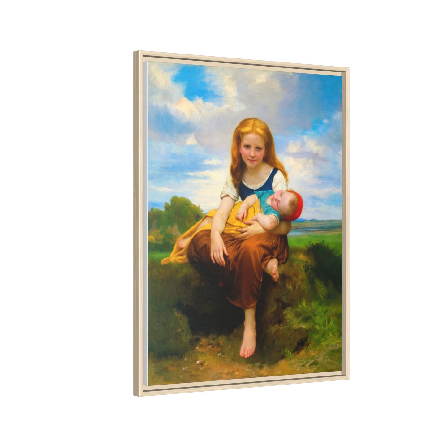 Young Girl Holding Sleeping Baby Canvas Print, Framed Wall Art