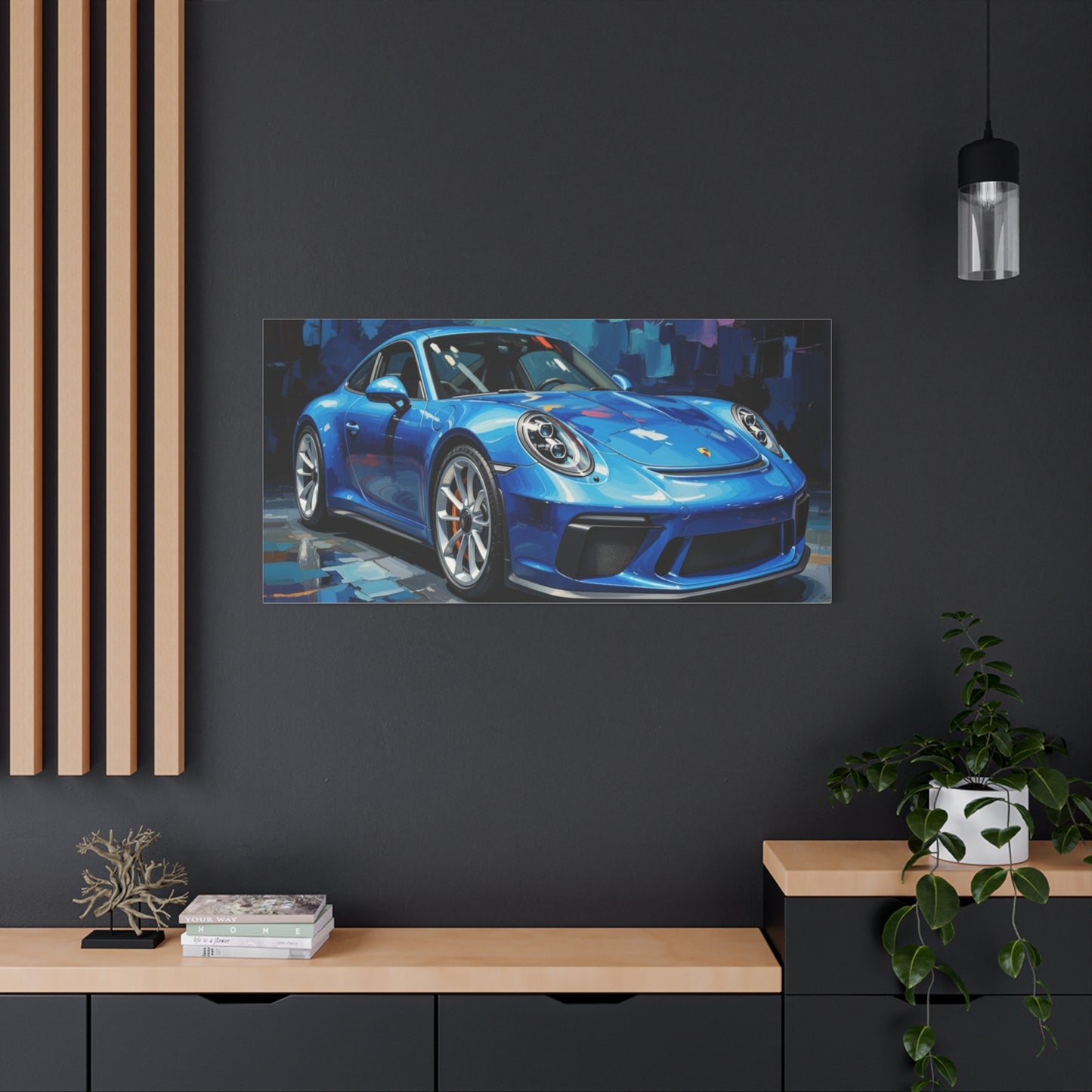 Blue Sports Car Canvas Wall Art — Modern Automotive Painting on Stretched Matte Canvas