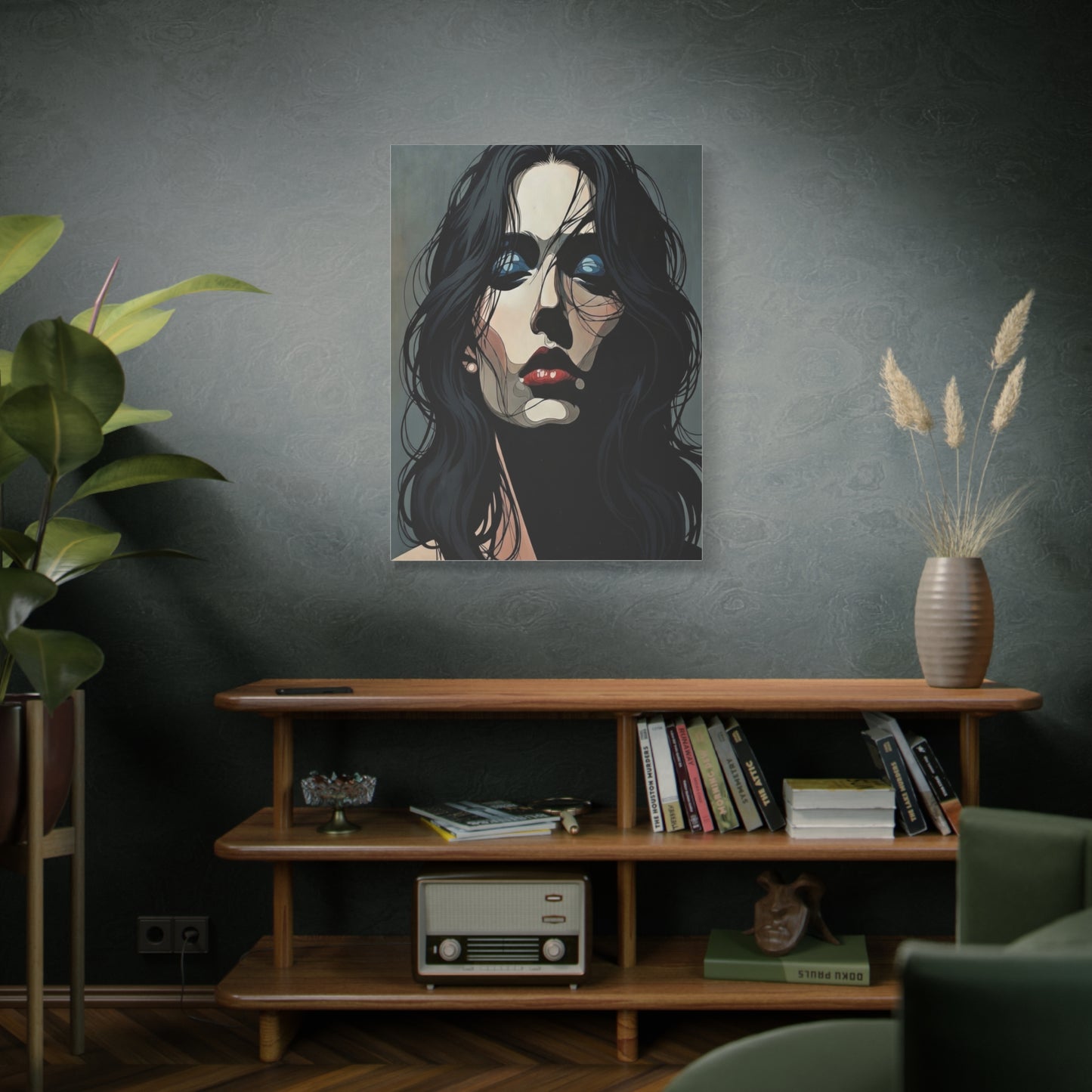 Dark Glam Portrait Canvas Art — Moody Woman Face Matte Stretched Wall Decor