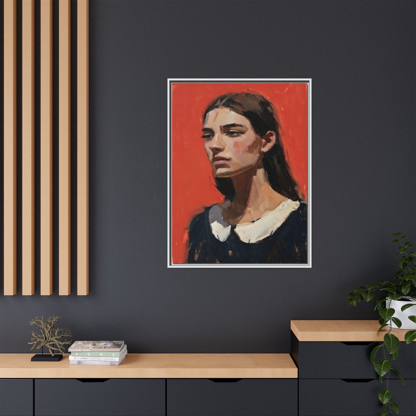 Framed Matte Canvas Portrait Print — Moody Red Figurative Art