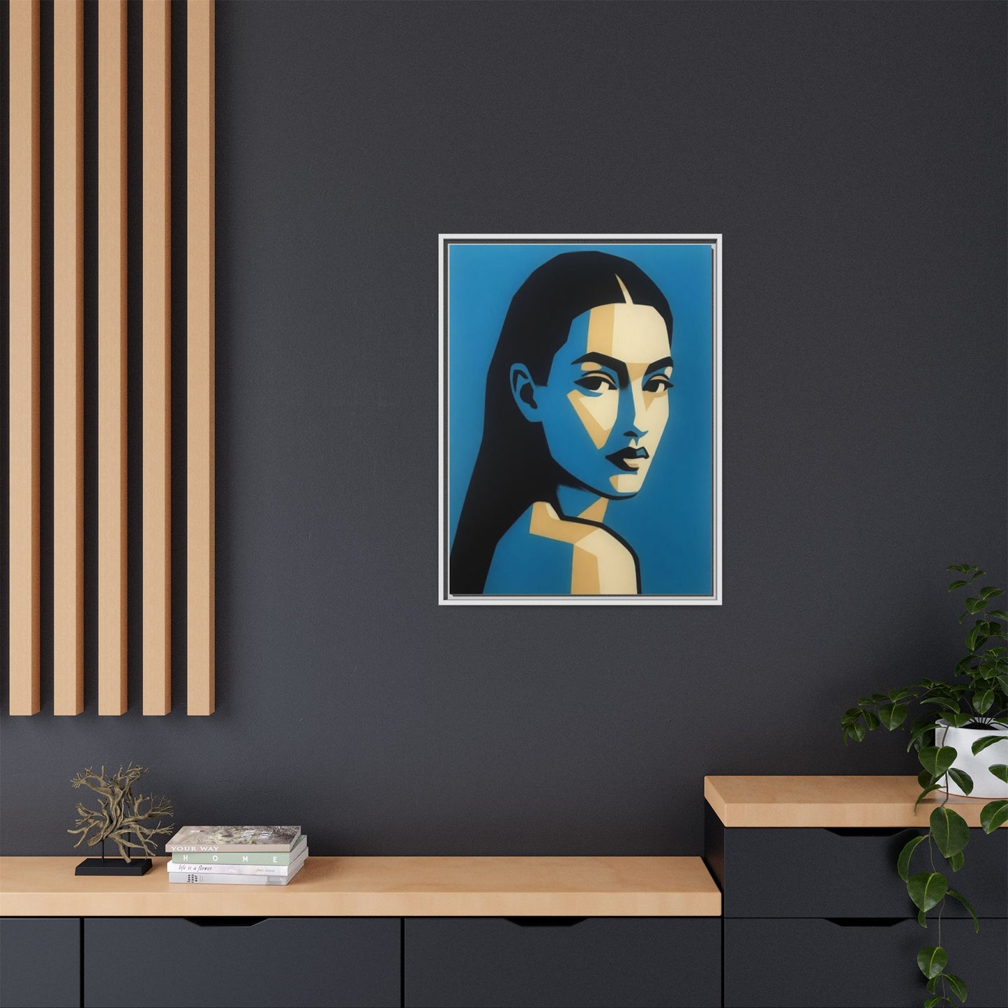 Framed Pop Art Portrait Canvas — Blue Geometric Woman Print