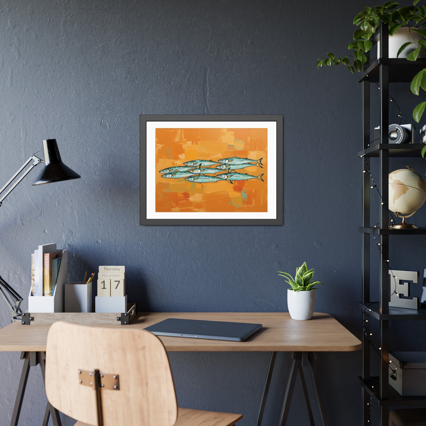 Framed Fish Art Print — School of Mackerel on Orange Abstract Background