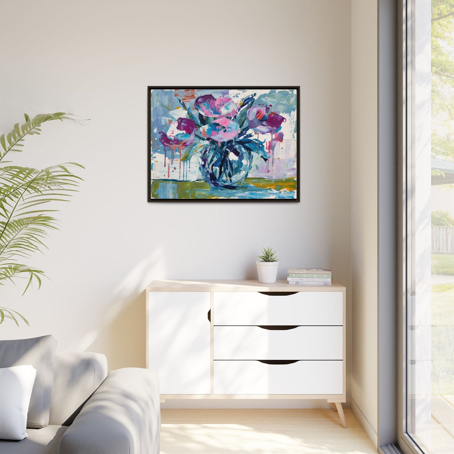Framed Floral Canvas Art — Abstract Pink & Blue Bouquet