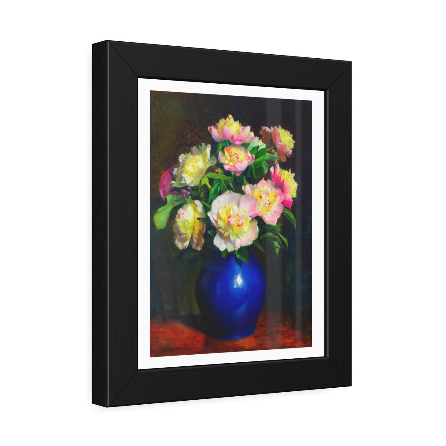 Framed Floral Poster — Pink Peonies in Blue Vase Wall Art