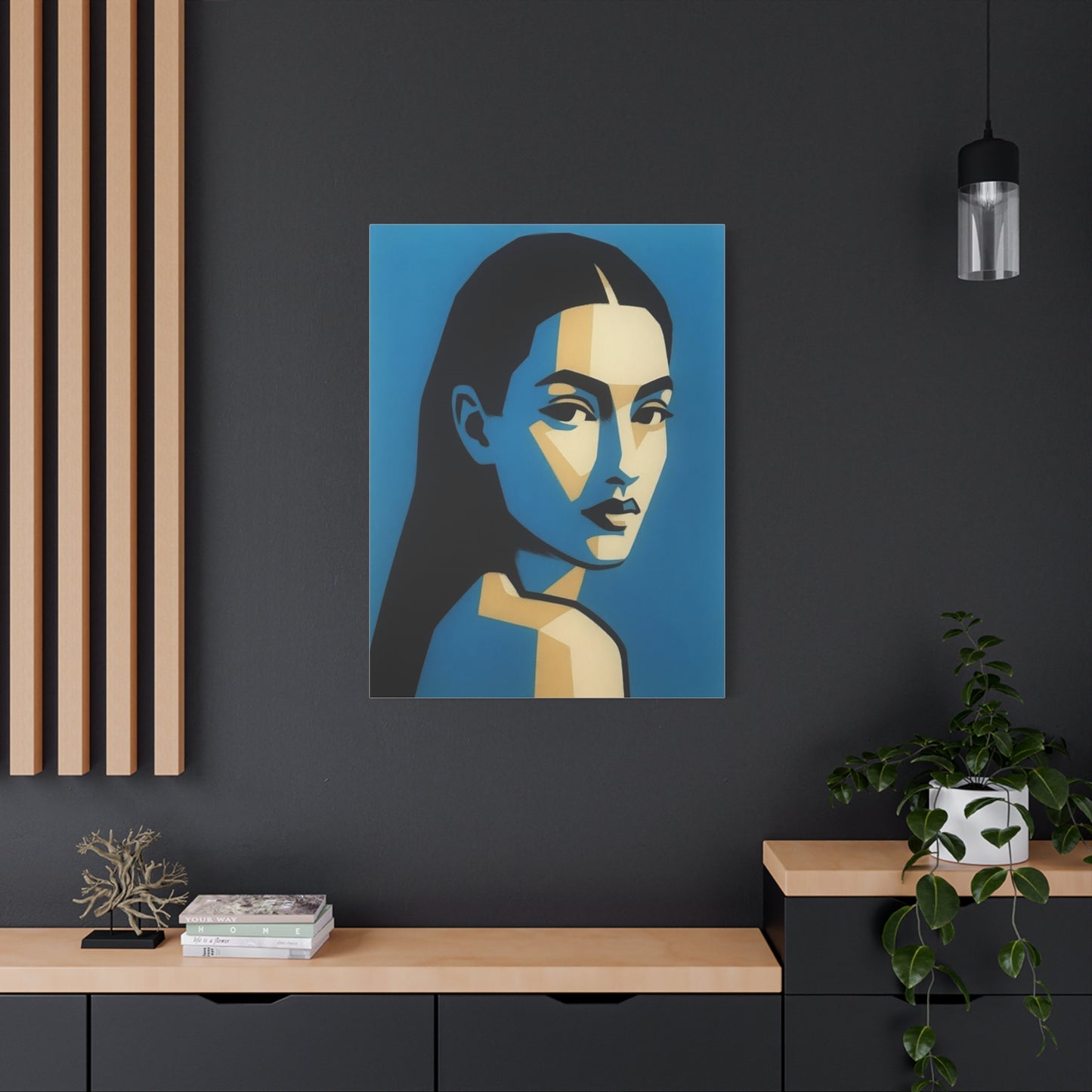 Blue Geometric Portrait Canvas - Modern Stretched Wall Art