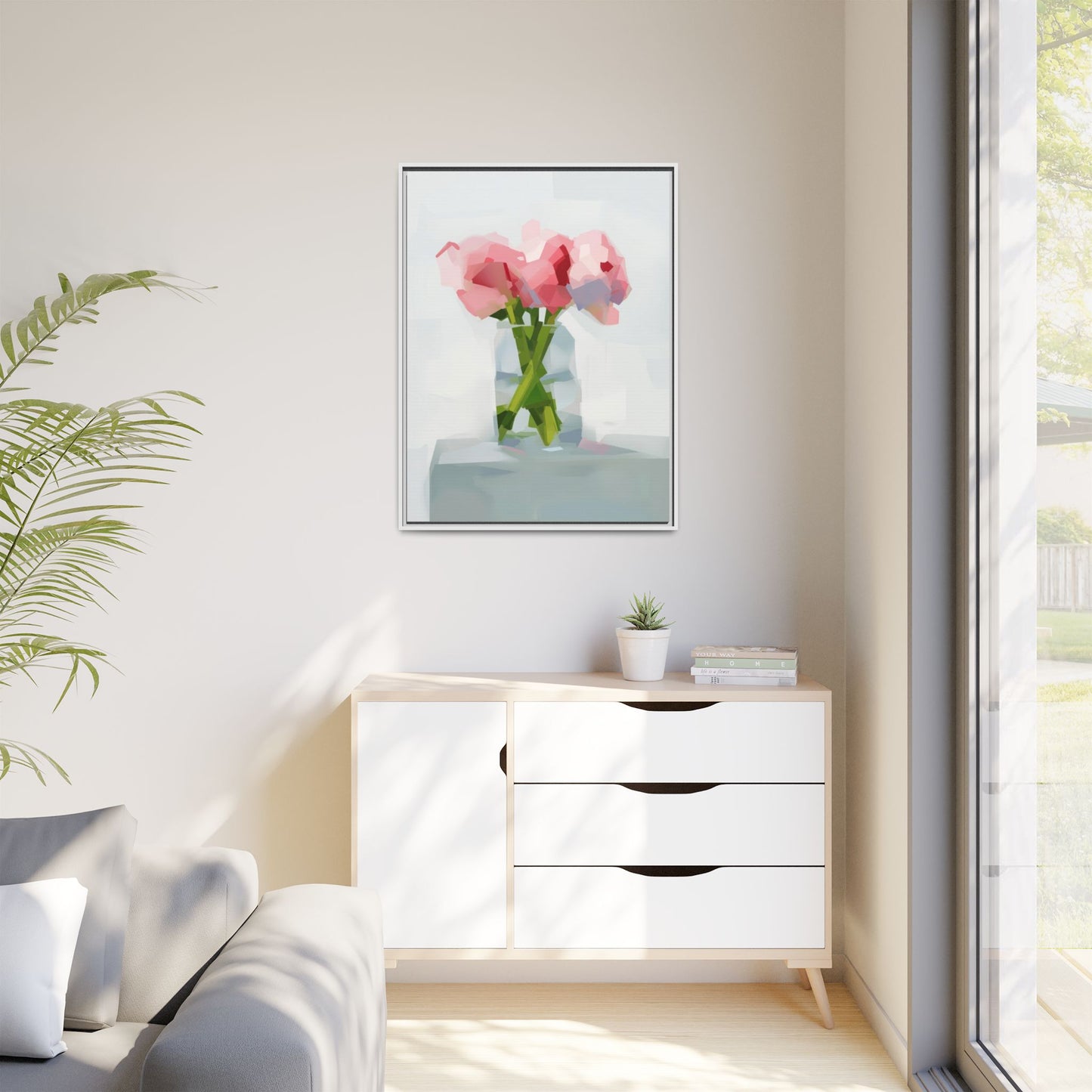Framed Floral Canvas Art — Pink Peonies in Vase (Matte)