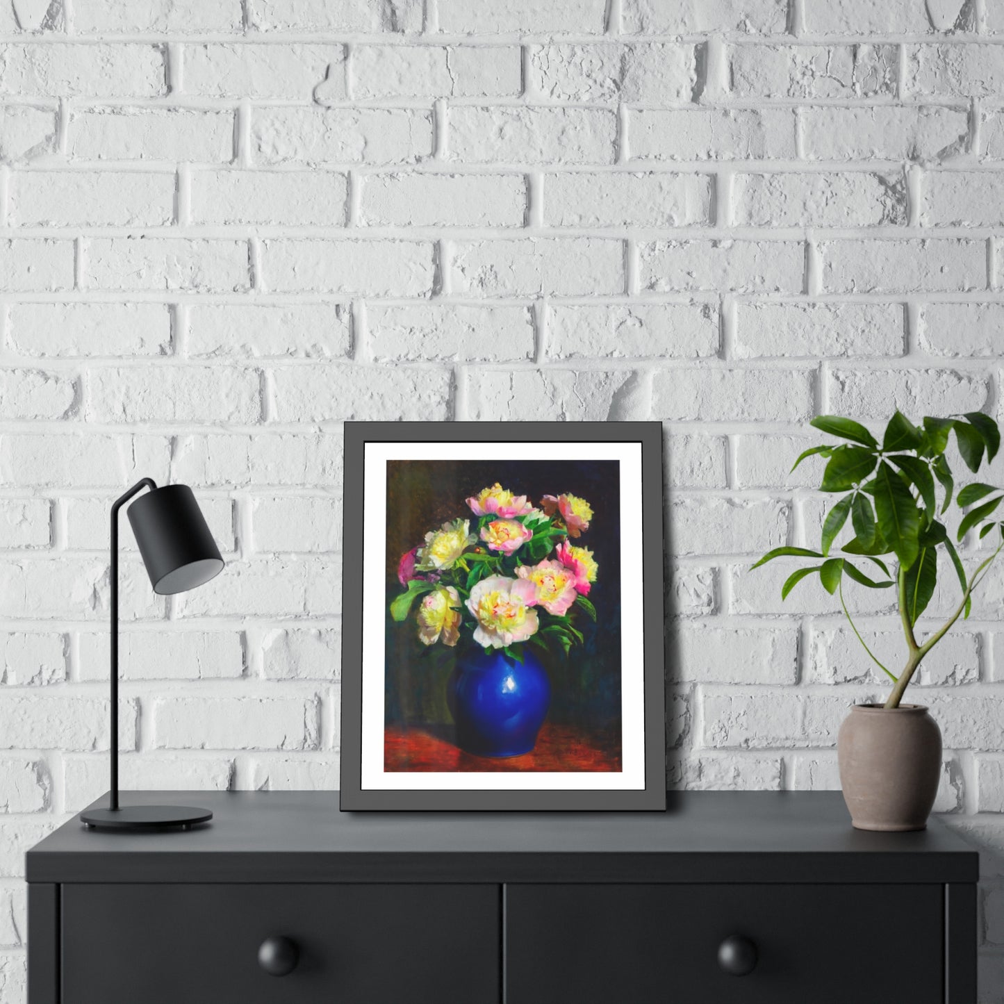 Framed Floral Poster — Pink Peonies in Blue Vase Wall Art