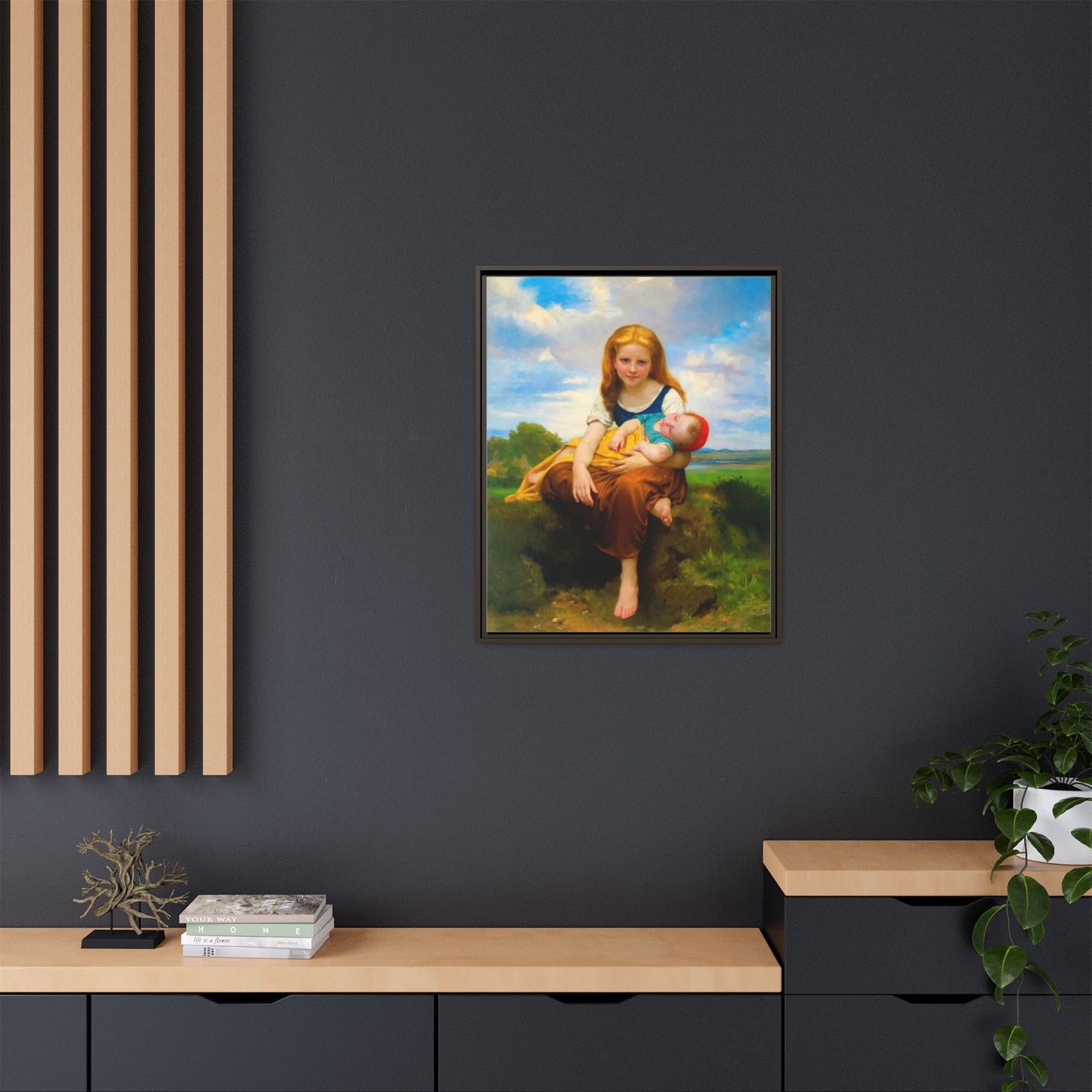 Young Girl Holding Sleeping Baby Canvas Print, Framed Wall Art
