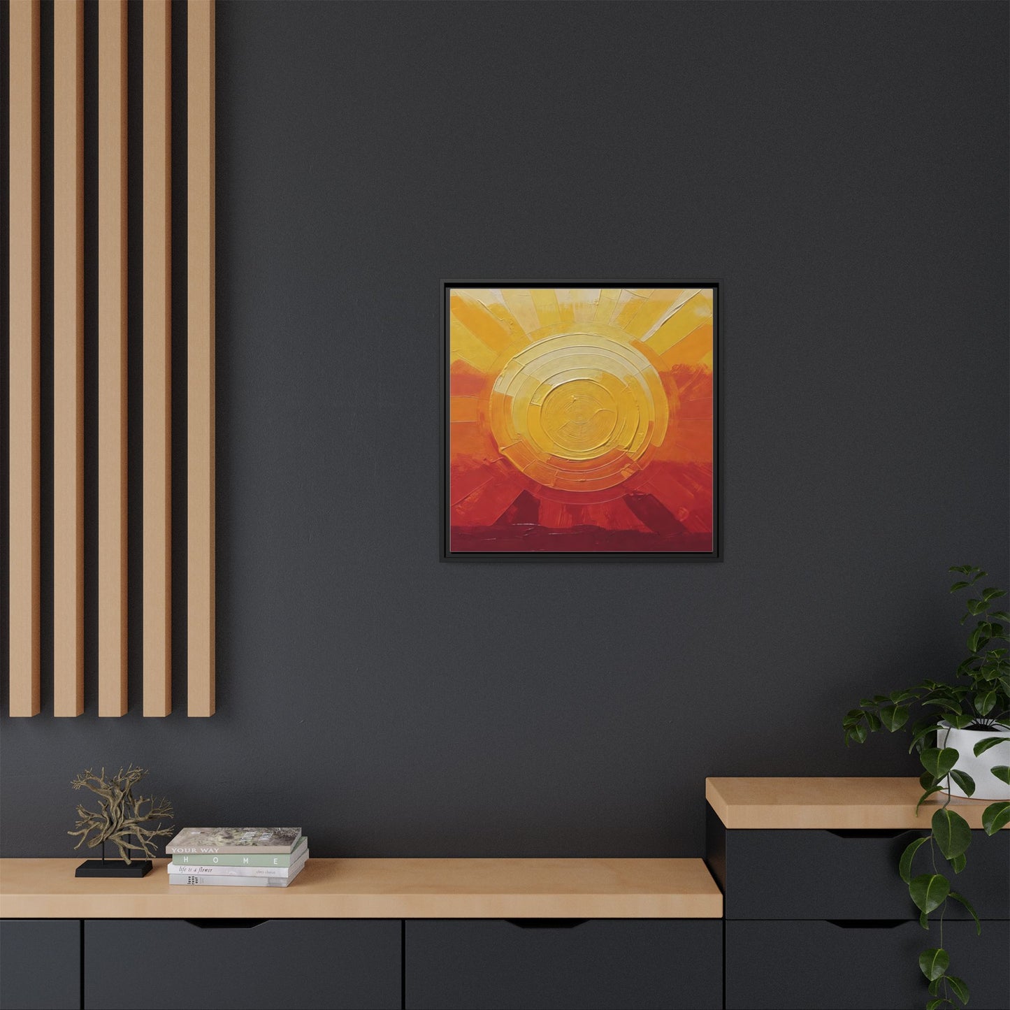 Sunburst Abstract Framed Canvas Art — Matte Multi‑Color Wall Print