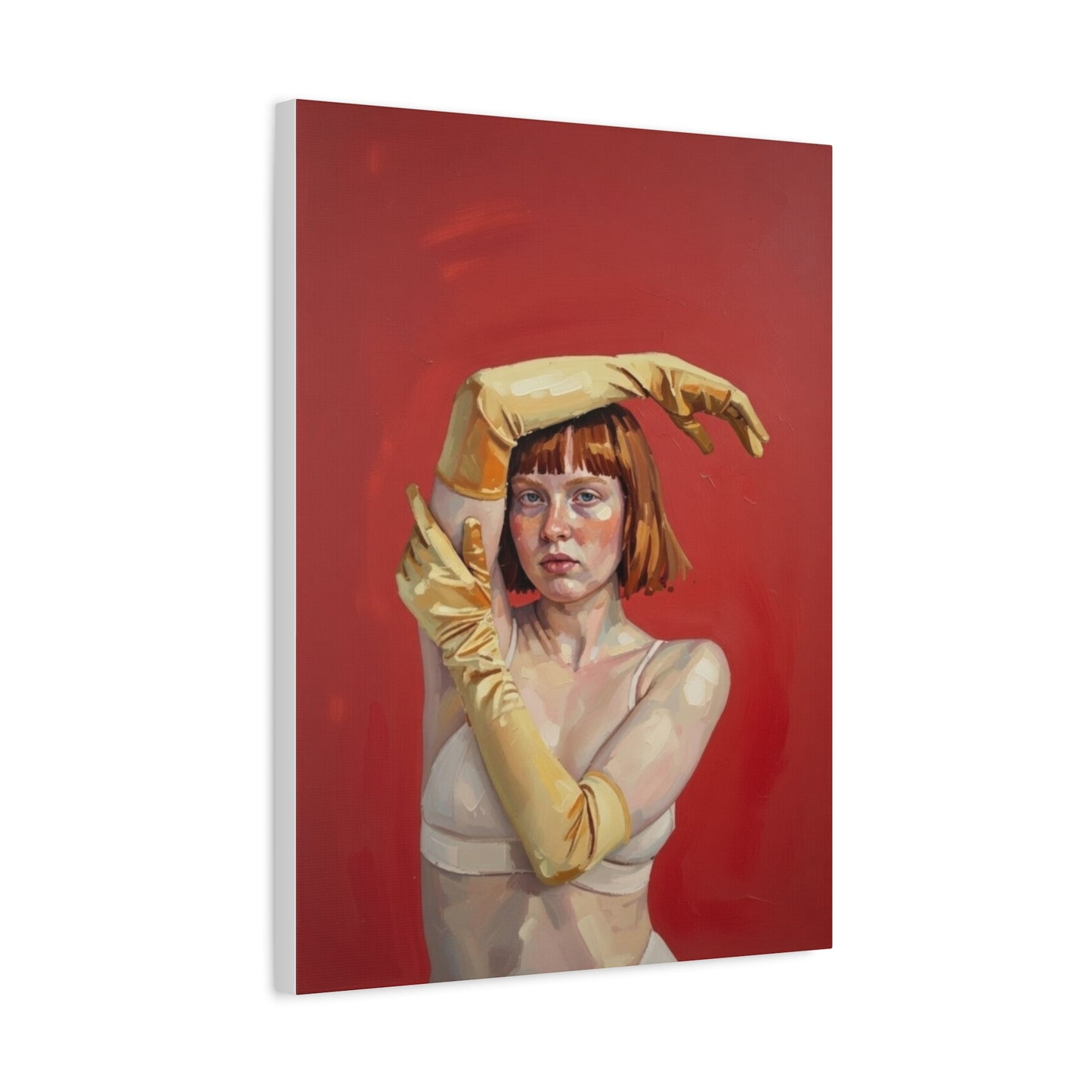 Figurative Portrait Canvas — Woman with Yellow Gloves on Red Background