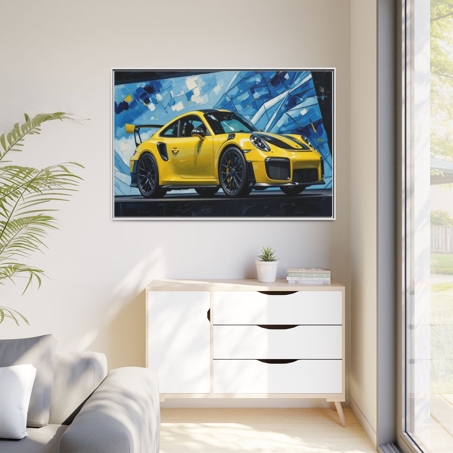 Yellow Porsche Sports Car Matte Framed Canvas – Modern Automotive Wall Art