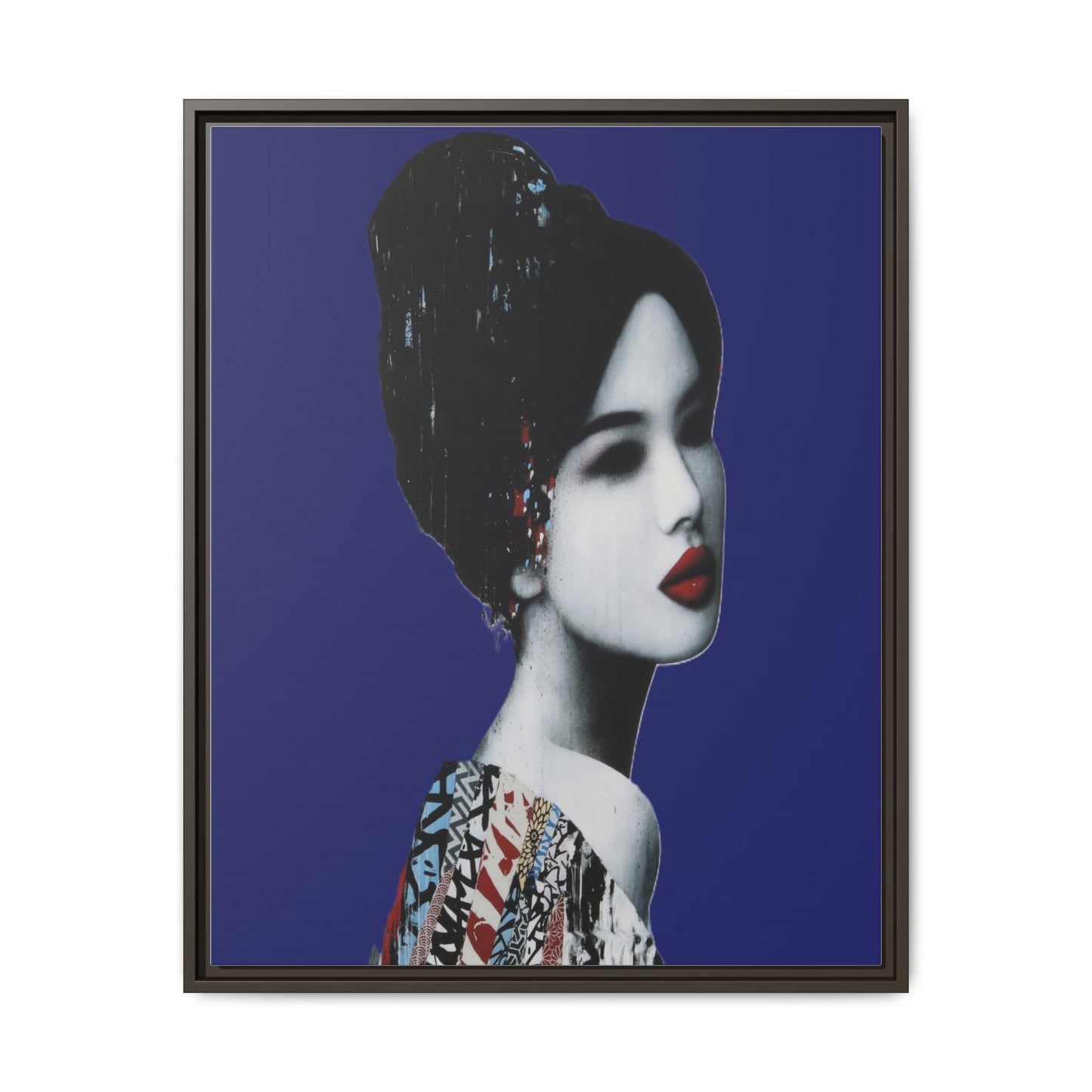 Framed Matte Canvas Art — Elegant Geisha Portrait on Deep Blue