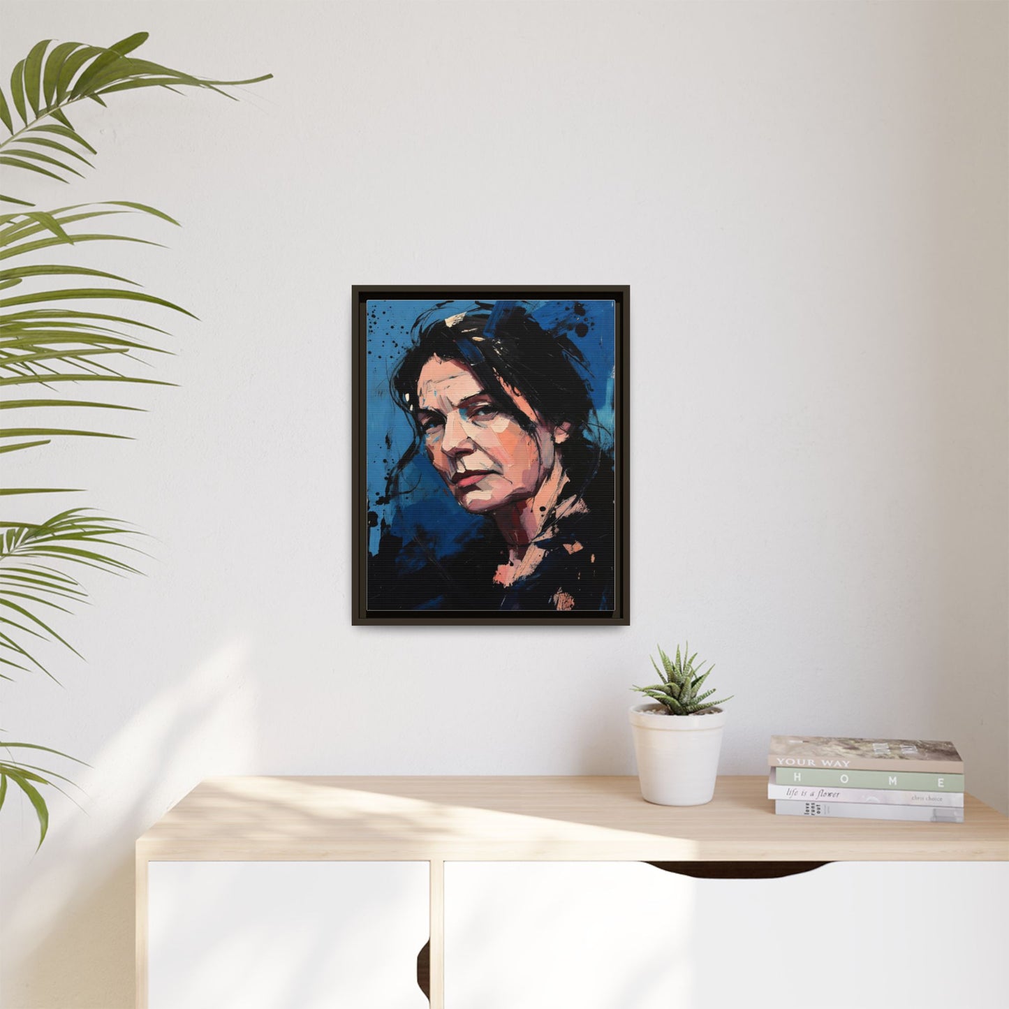 Framed Matte Canvas Portrait — Expressive Blue Painterly Woman Art