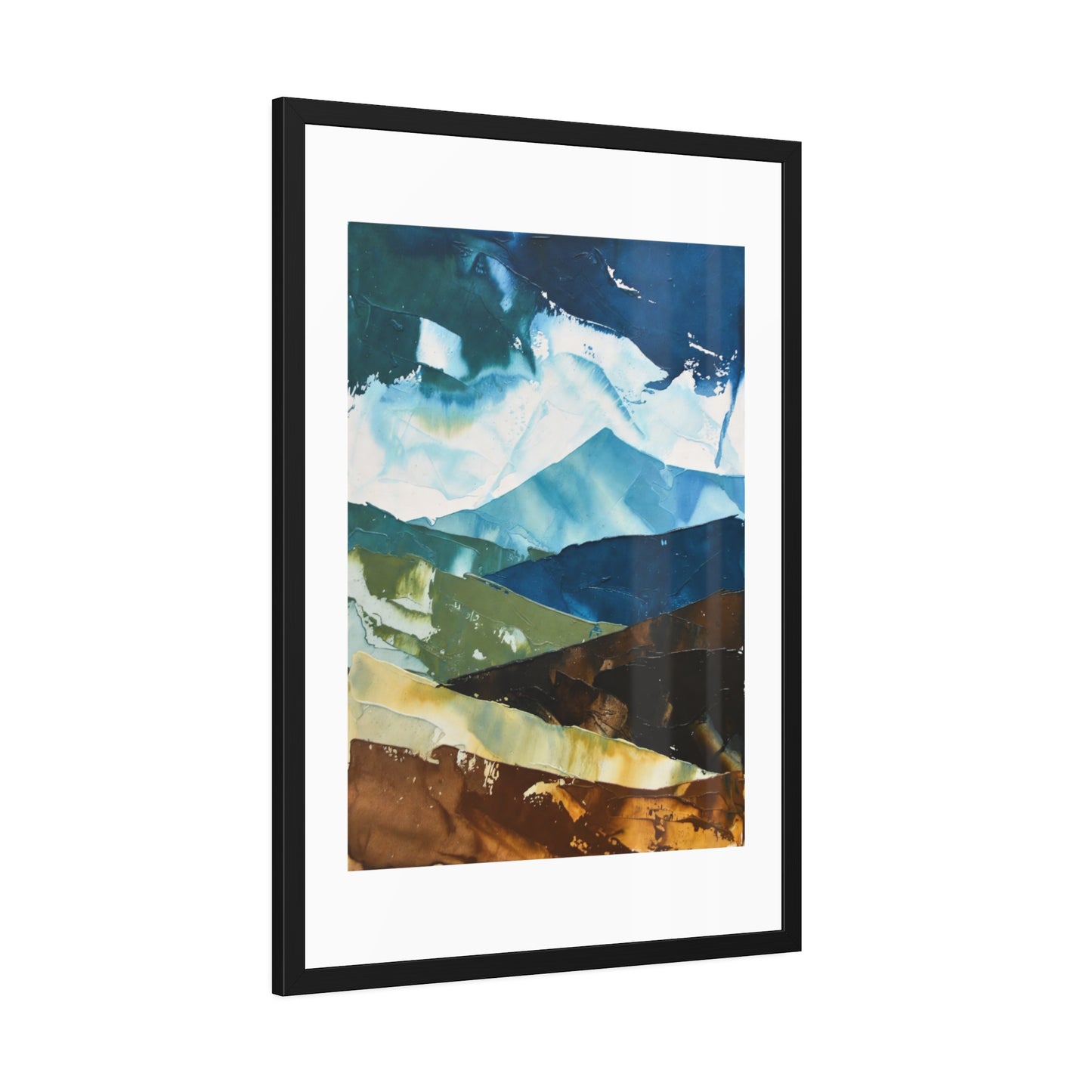 Framed Abstract Mountain Art Print – Blue & Earthtone Layered Landscape Poster