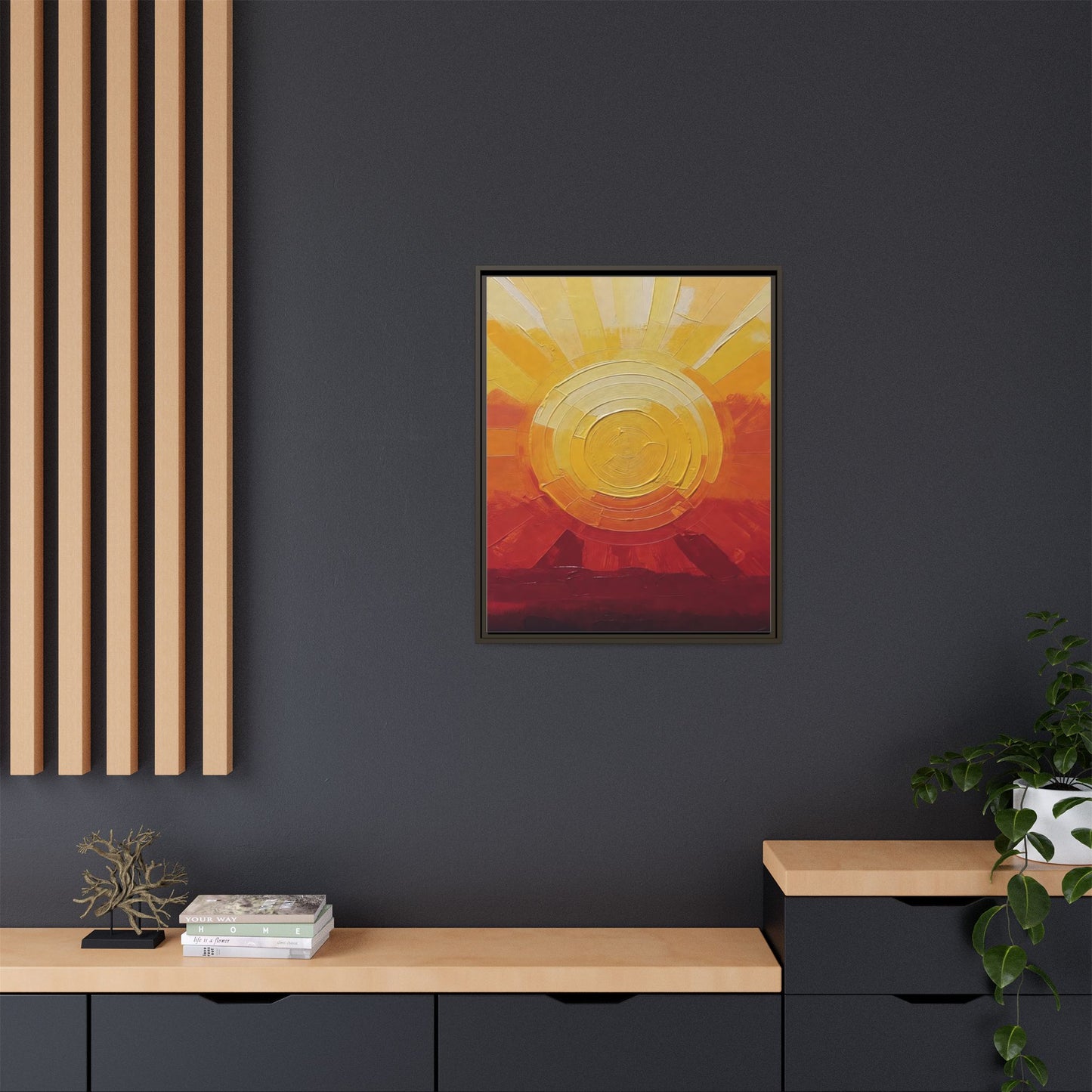 Sunburst Abstract Framed Canvas Art — Matte Multi‑Color Wall Print