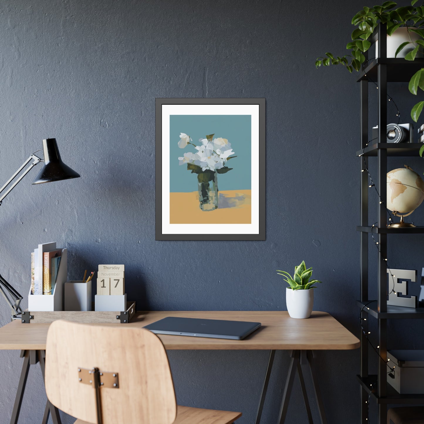 Framed Floral Poster - Modern White Blossoms in Vase Wall Art