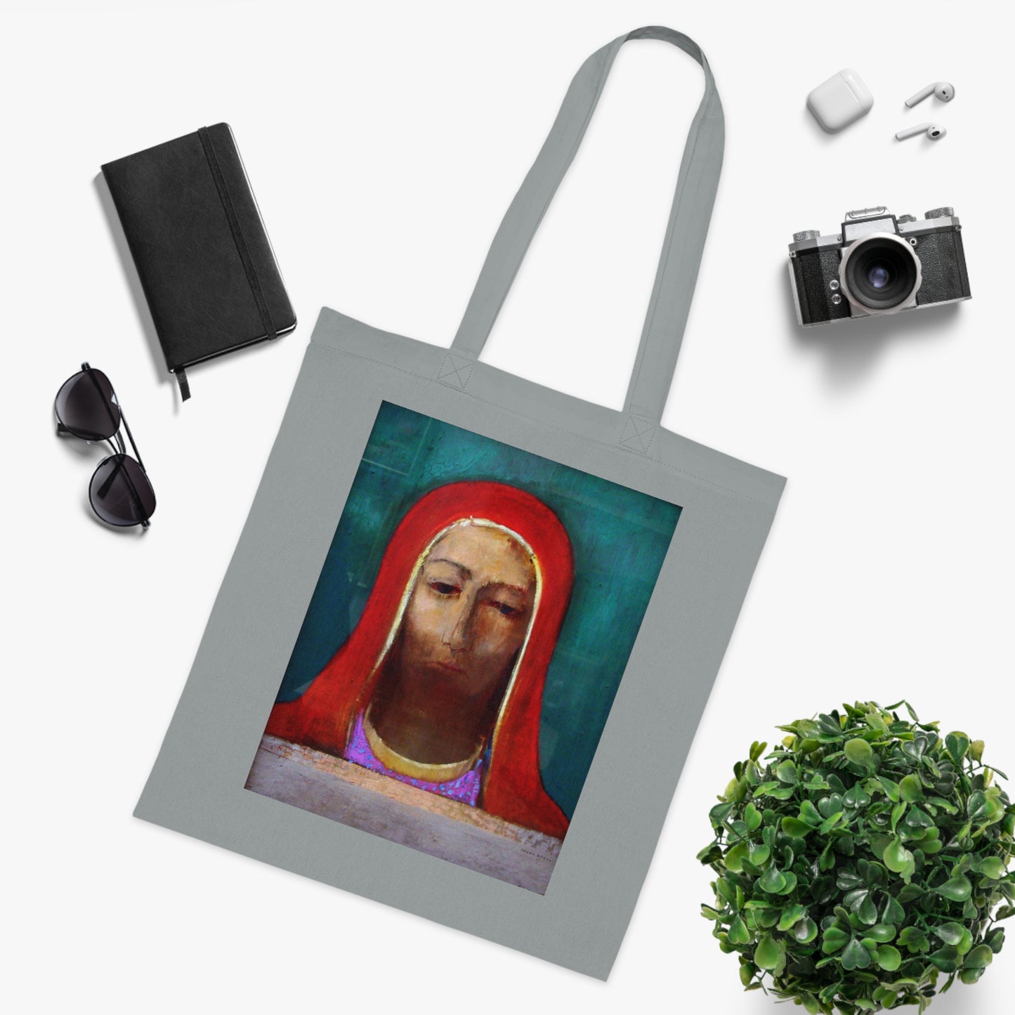 Art Portrait Tote Bag — Serene Red-Hooded Figure Canvas Cotton Tote