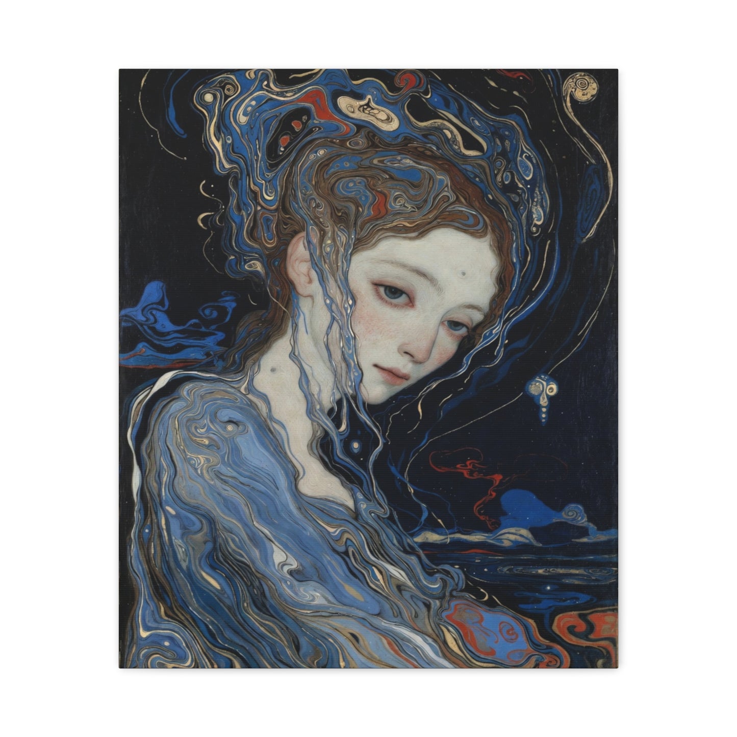 Ethereal Siren Matte Canvas Wall Art — Surreal Blue Portrait, Stretched 1.25"