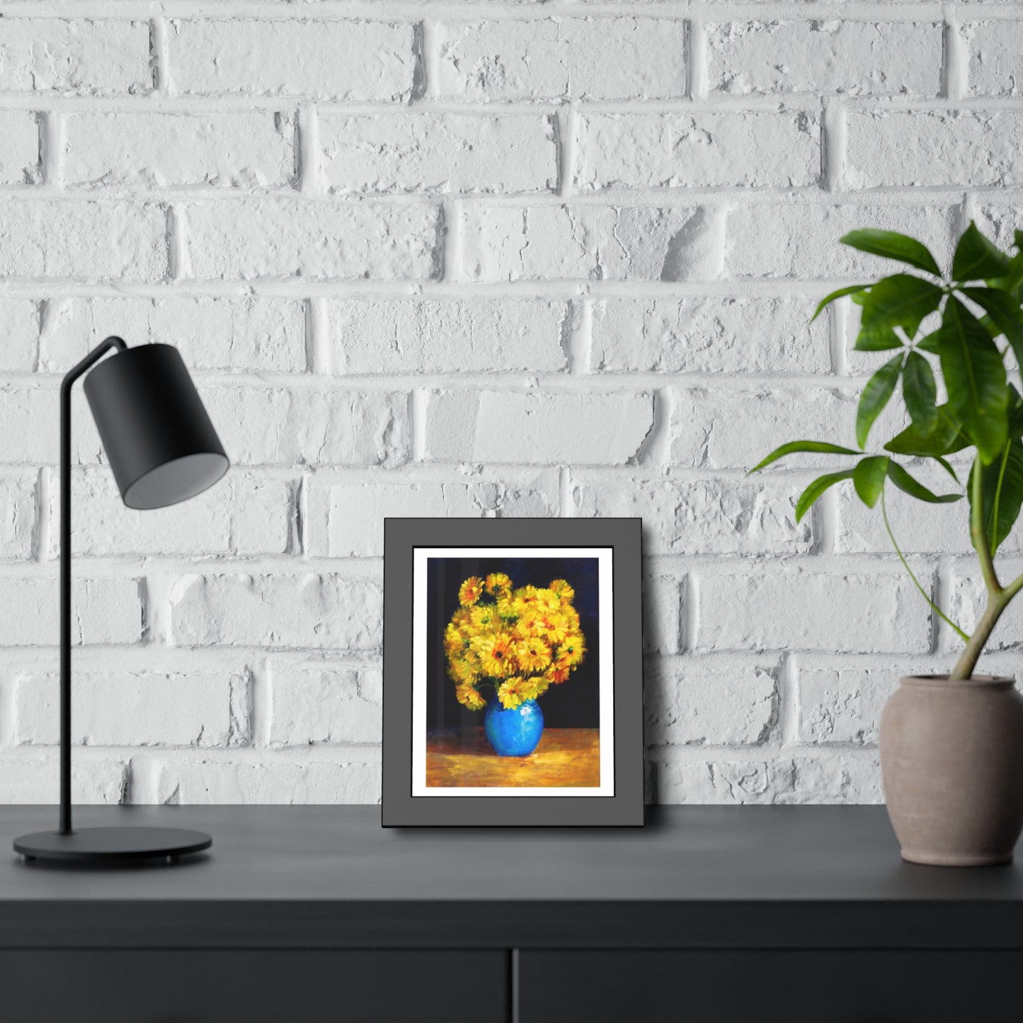Framed Art Print — Yellow Daisy Bouquet in Blue Vase