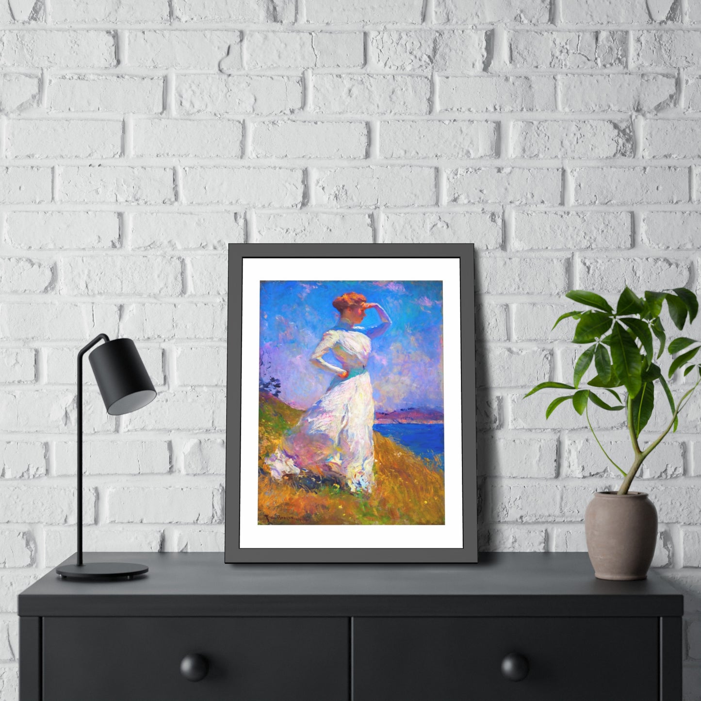 Coastal Impressionist Framed Poster — Woman in White Seaside Art Print