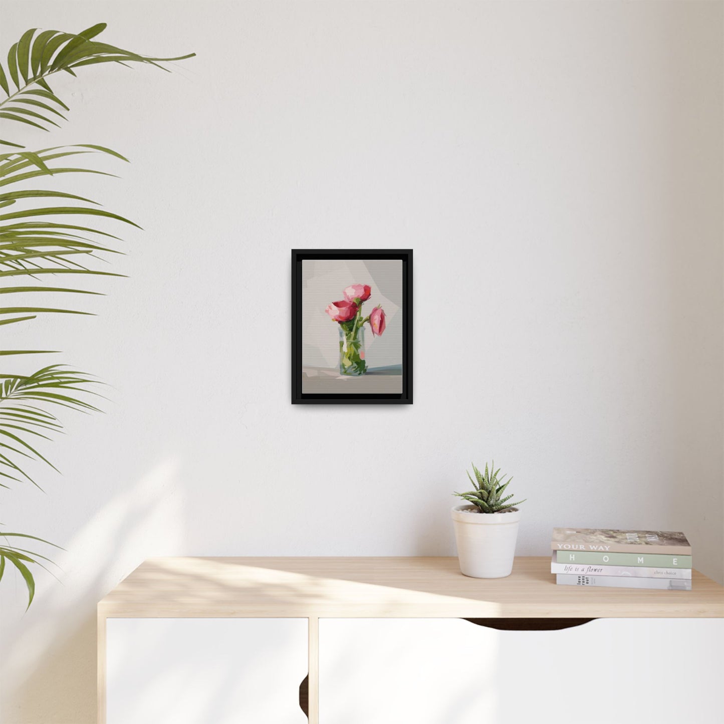 Framed Canvas Art — Pink Roses in Vase, Modern Floral Wall Print