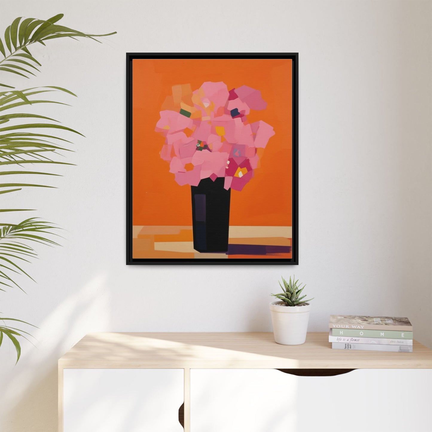 Framed Floral Canvas Art — Pink Bouquet on Orange Background
