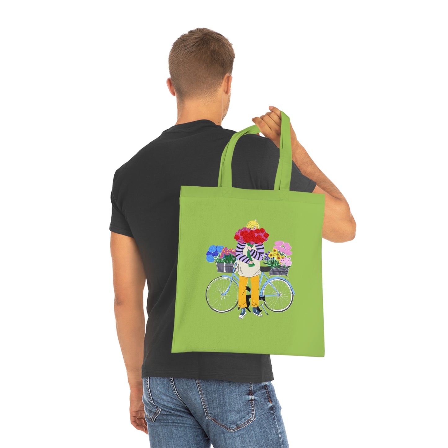 Floral Bike Tote Bag — Cotton Market Tote with Colorful Flower Bicycle Design