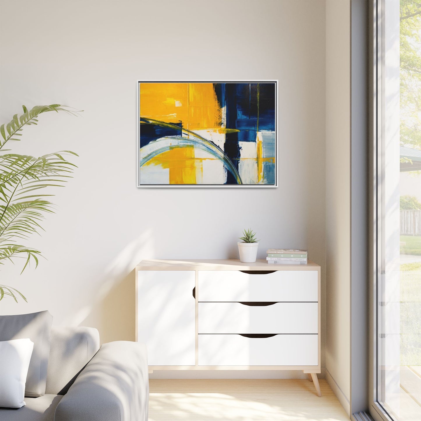 Abstract Yellow & Blue Framed Canvas Wall Art — Modern Matte Canvas Print
