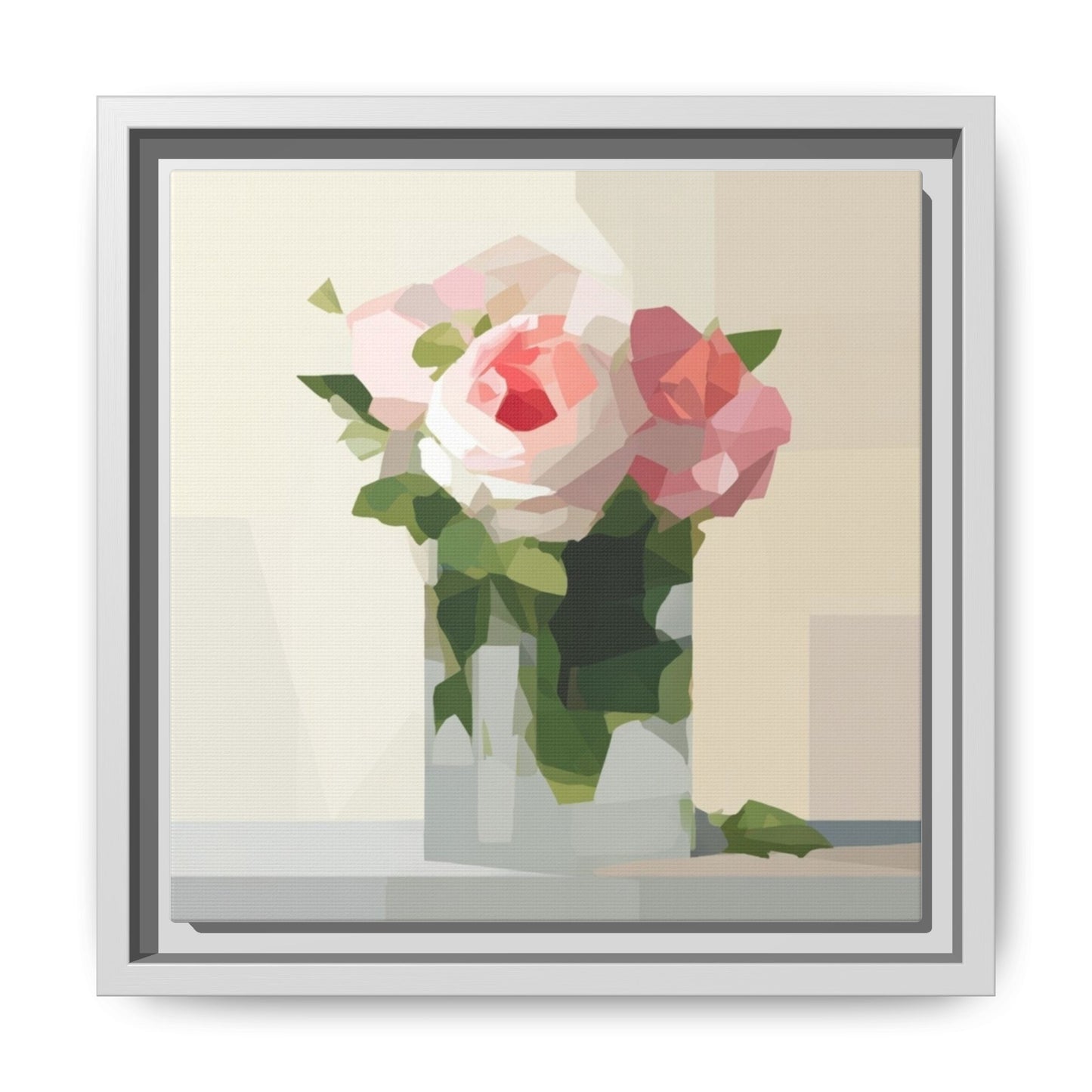 Framed Floral Canvas Print — Geometric Pink Rose Wall Art