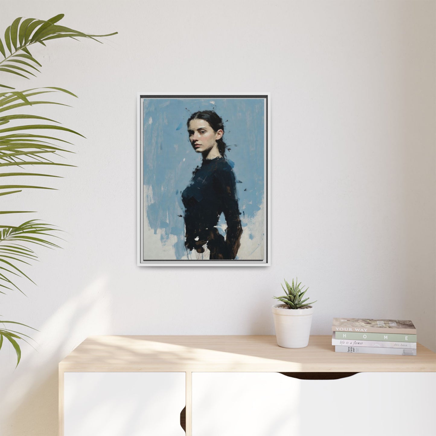 Framed Matte Canvas Portrait Print — Elegant Blue Woman Art