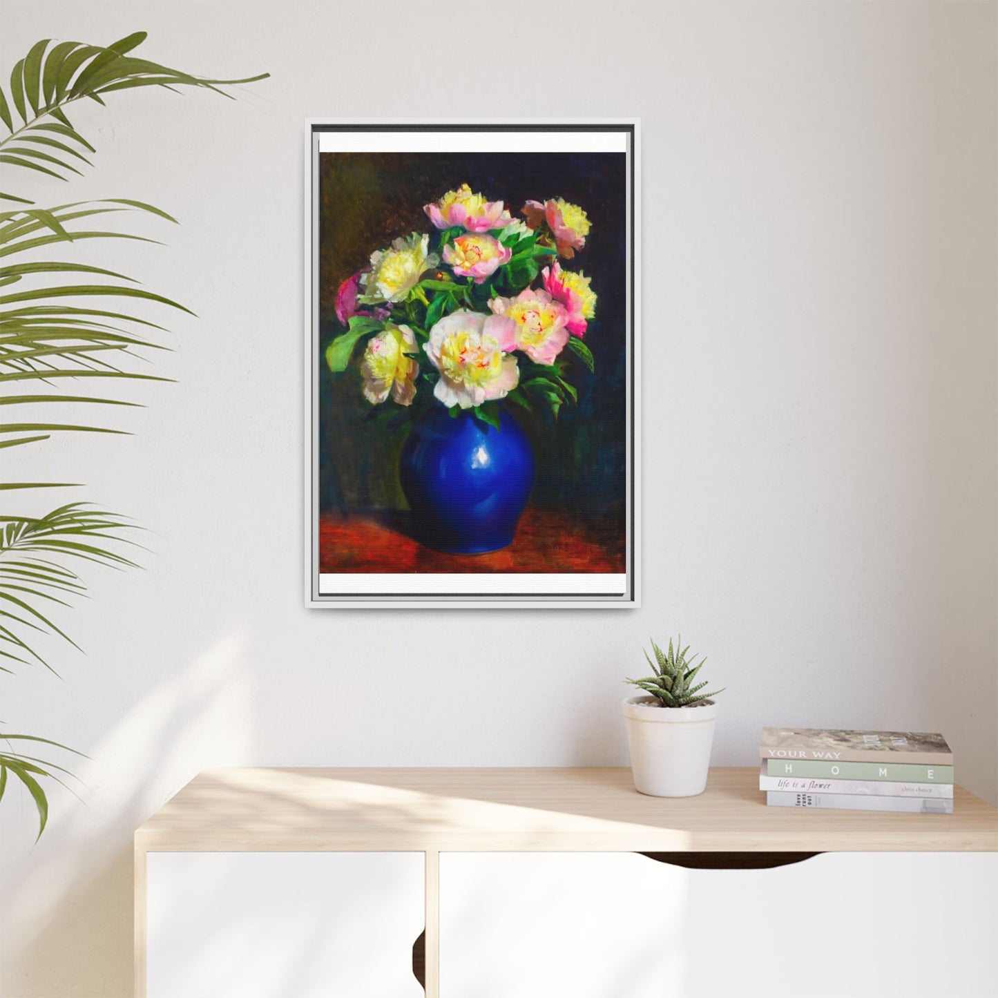 Framed Matte Canvas Wall Art — Vintage Floral Bouquet in Blue Vase