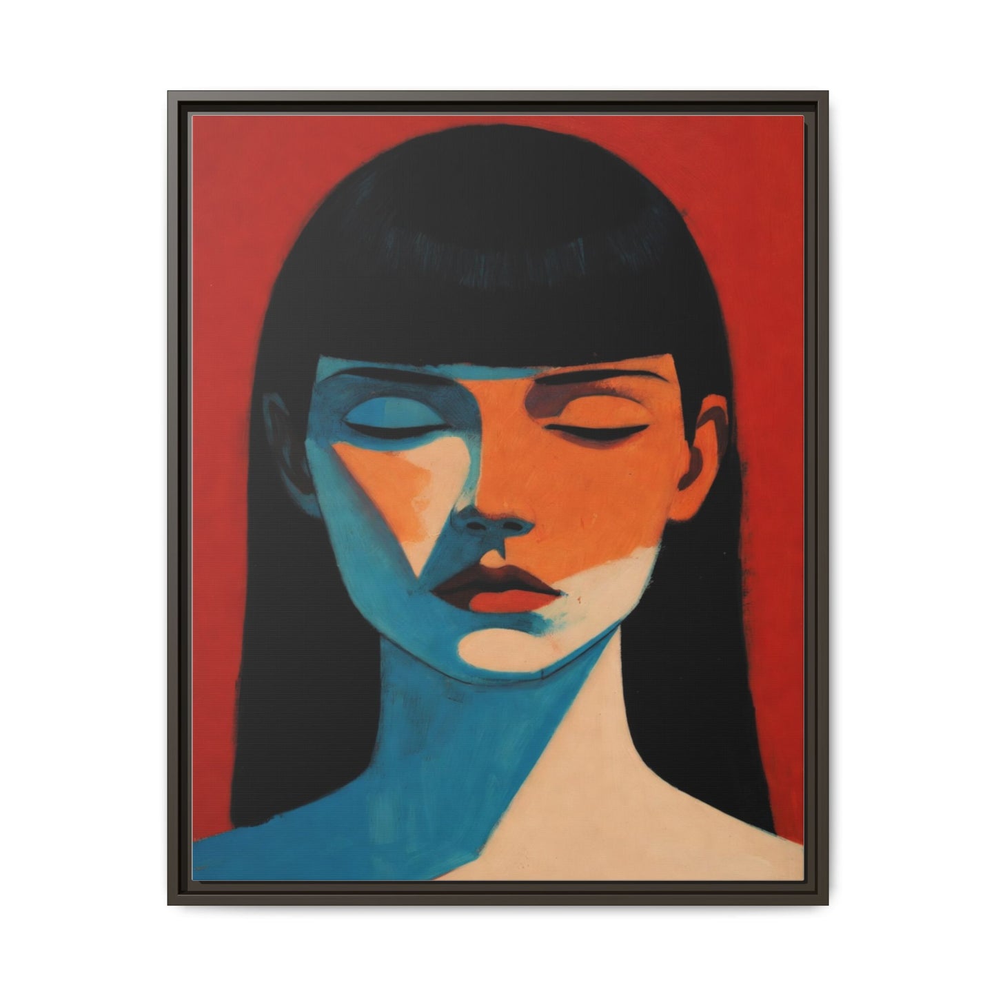 Framed Matte Canvas Art – Minimalist Portrait in Red & Teal