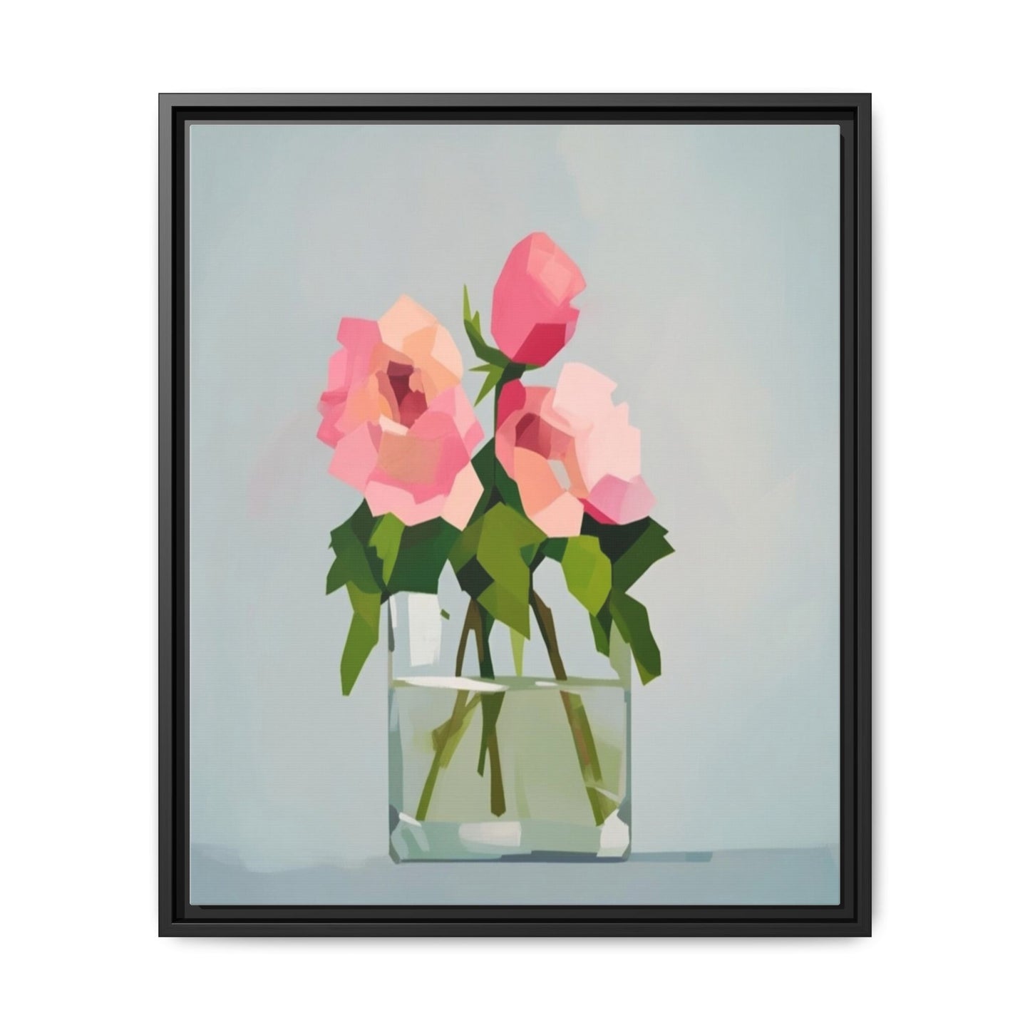 Framed Floral Canvas Print — Pink Roses in Glass Vase (Matte)