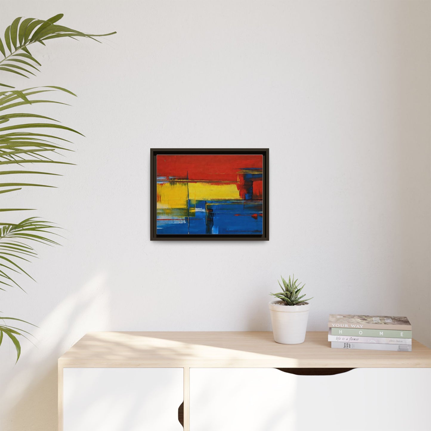 Abstract Color Block Matte Canvas Framed Wall Art — Modern Red Yellow Blue Painting