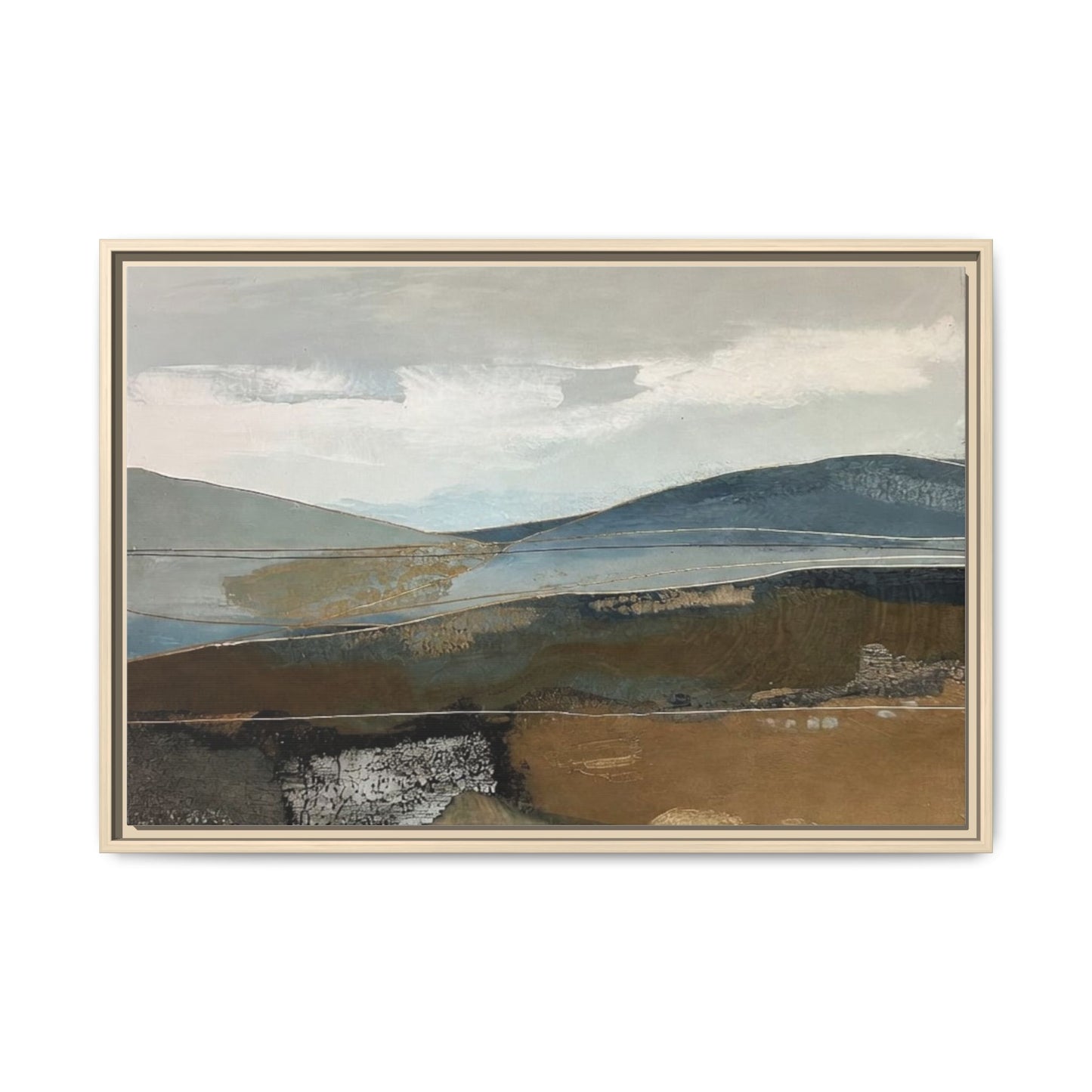 Framed Matte Canvas Landscape Art - Serene Abstract Hills in Blue & Earth Tones