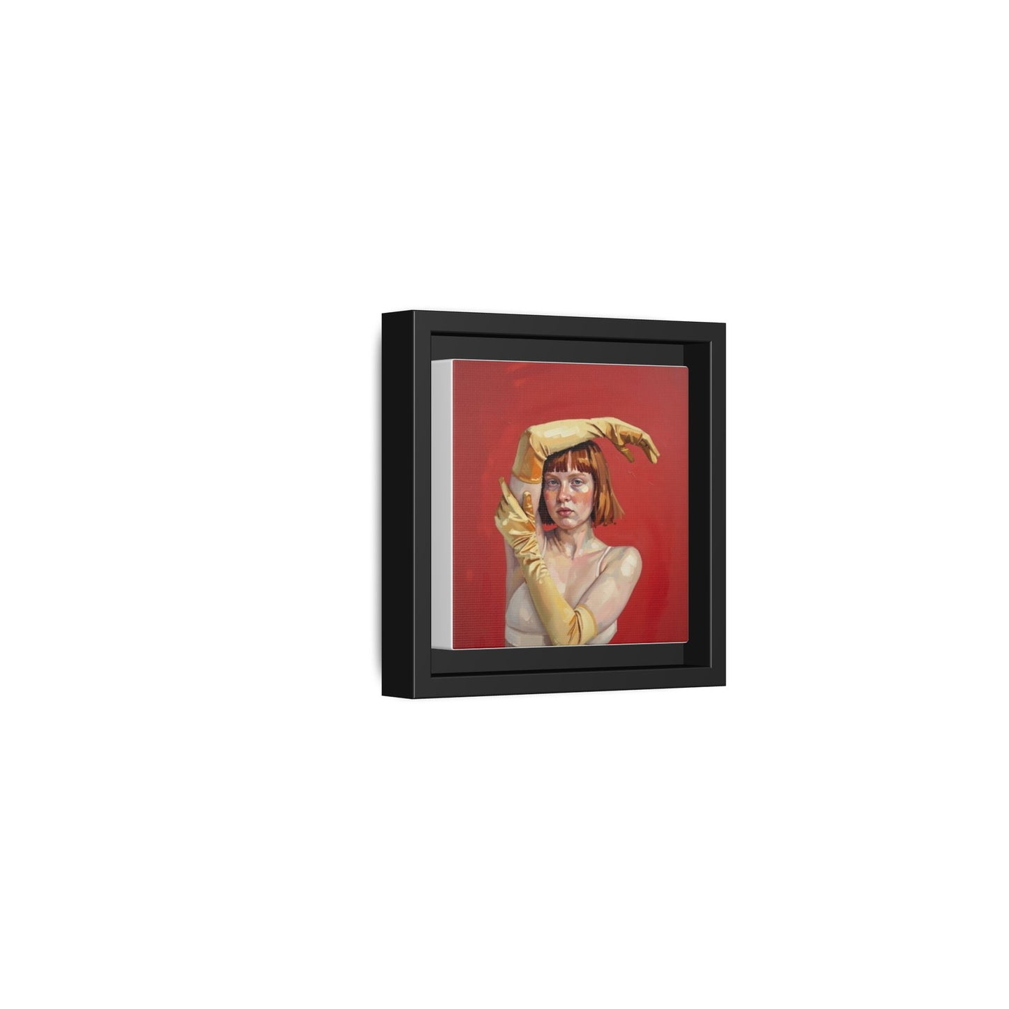 Framed Matte Canvas Art - Portrait of Woman in Yellow Gloves (Red Background)