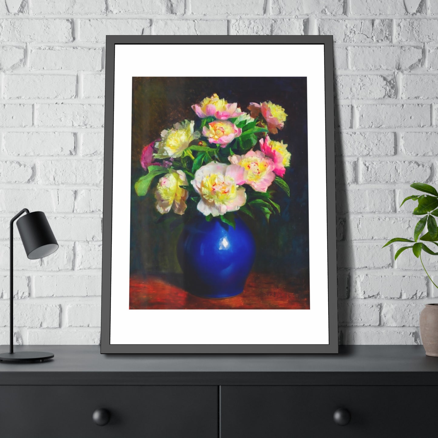 Framed Floral Poster — Pink Peonies in Blue Vase Wall Art