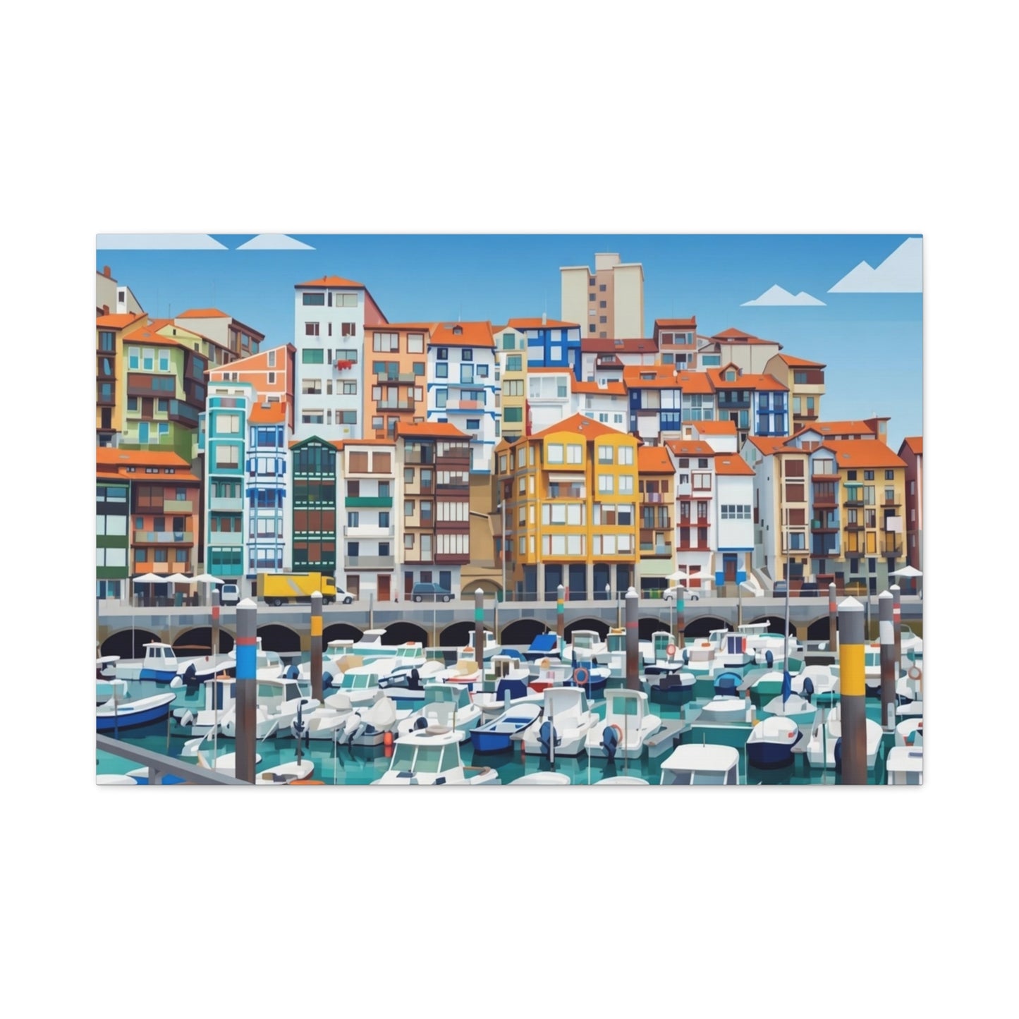 Colorful Coastal Harbor Matte Canvas Print — Stretched Wall Art