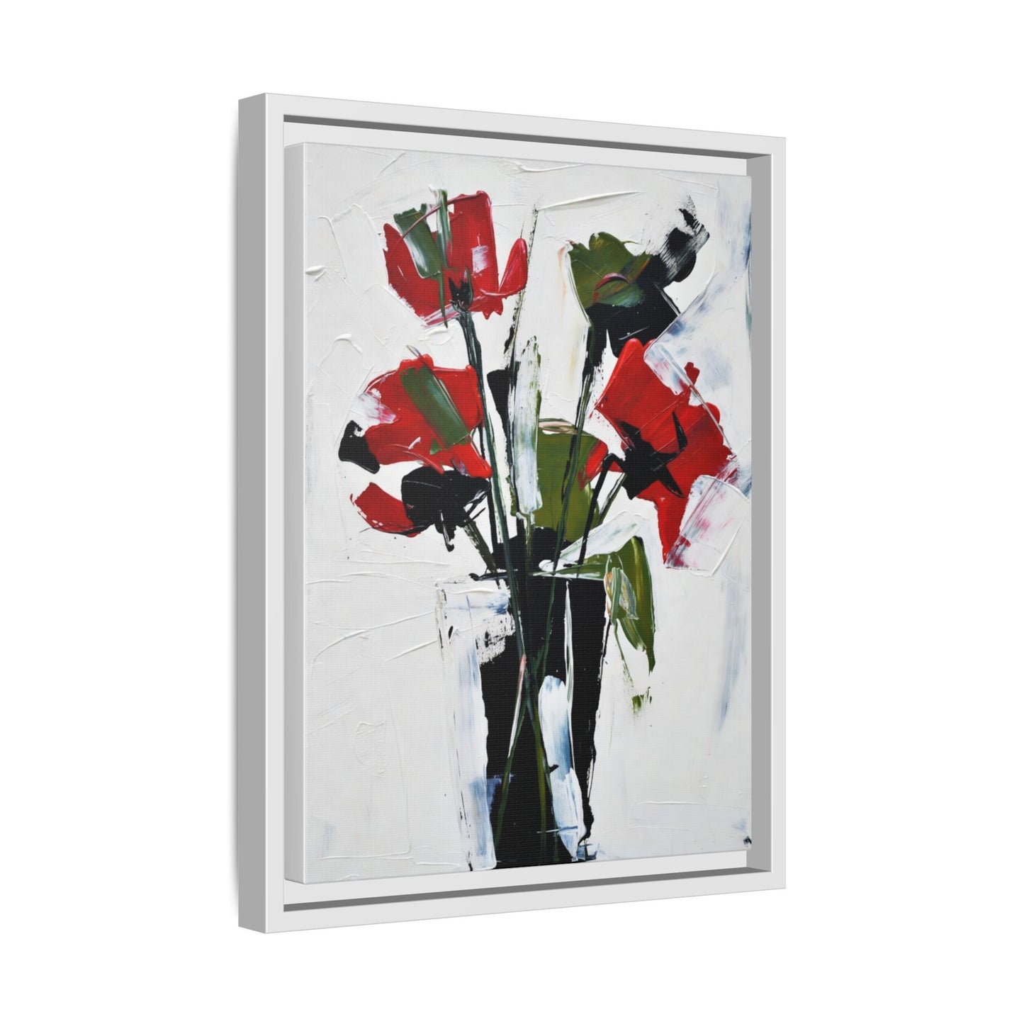 Framed Abstract Floral Canvas Print — Red Poppies in Black Vase
